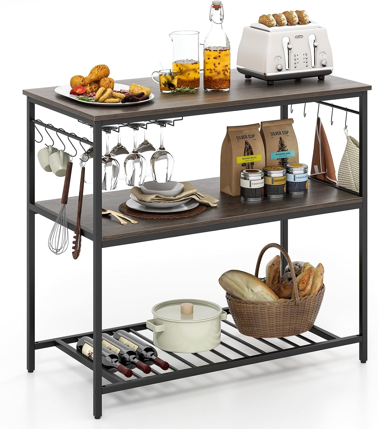 Giantex Kitchen Island with 3 Tier Storage Shelves, 48 Inch Baker Rack with Spacious Worktop, Industrial Kitchen Shelf, Sturdy Metal Frame, Easy Assembly (Gray & Black)