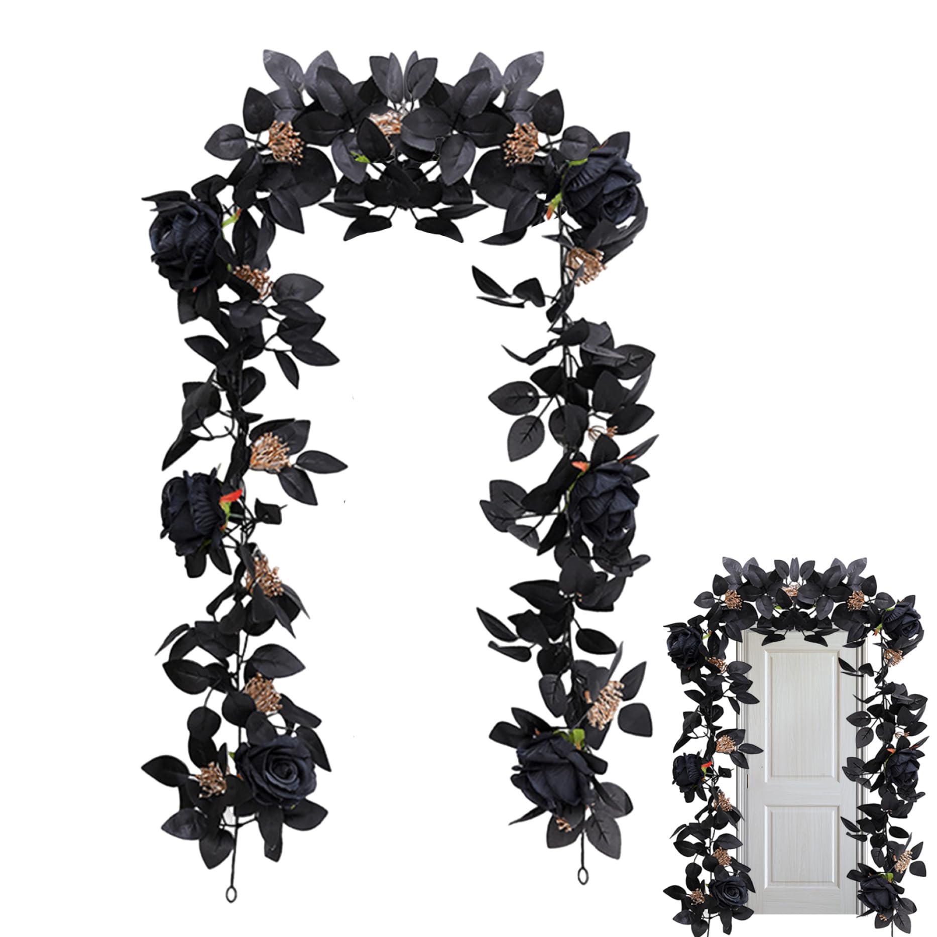 Guirlande de roses noires de 69 pouces flexible avec baies et feuilles réalistes