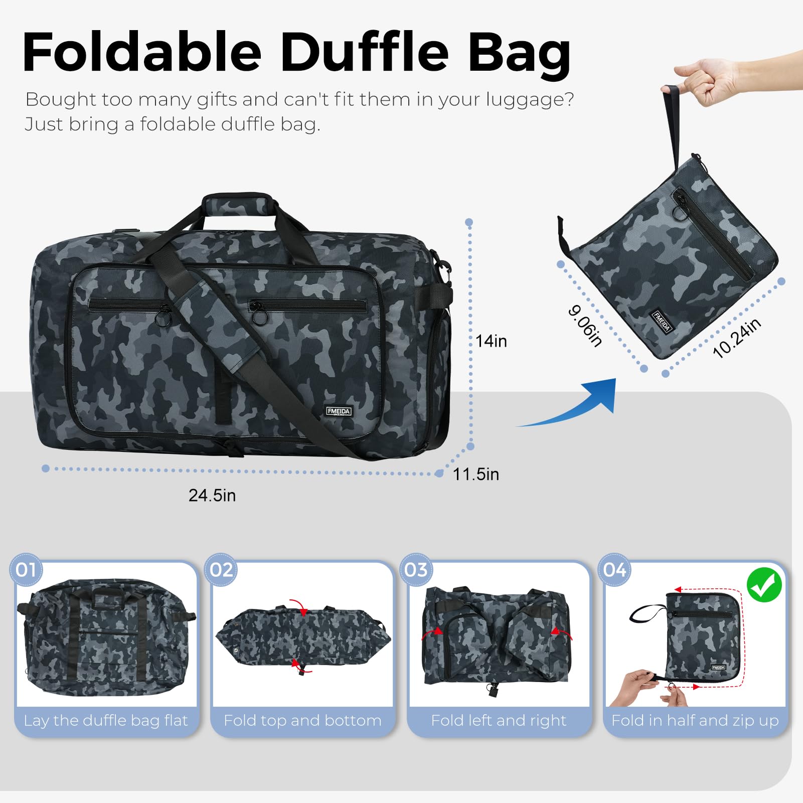 Fmeida Borsone da Viaggio Unisex Adulto, Grande Borsone Palestra con Scomparto per Scarpe e Tracolla, Impermeabile Duffel Bag Borsa Sportivo, Nero Camouflage