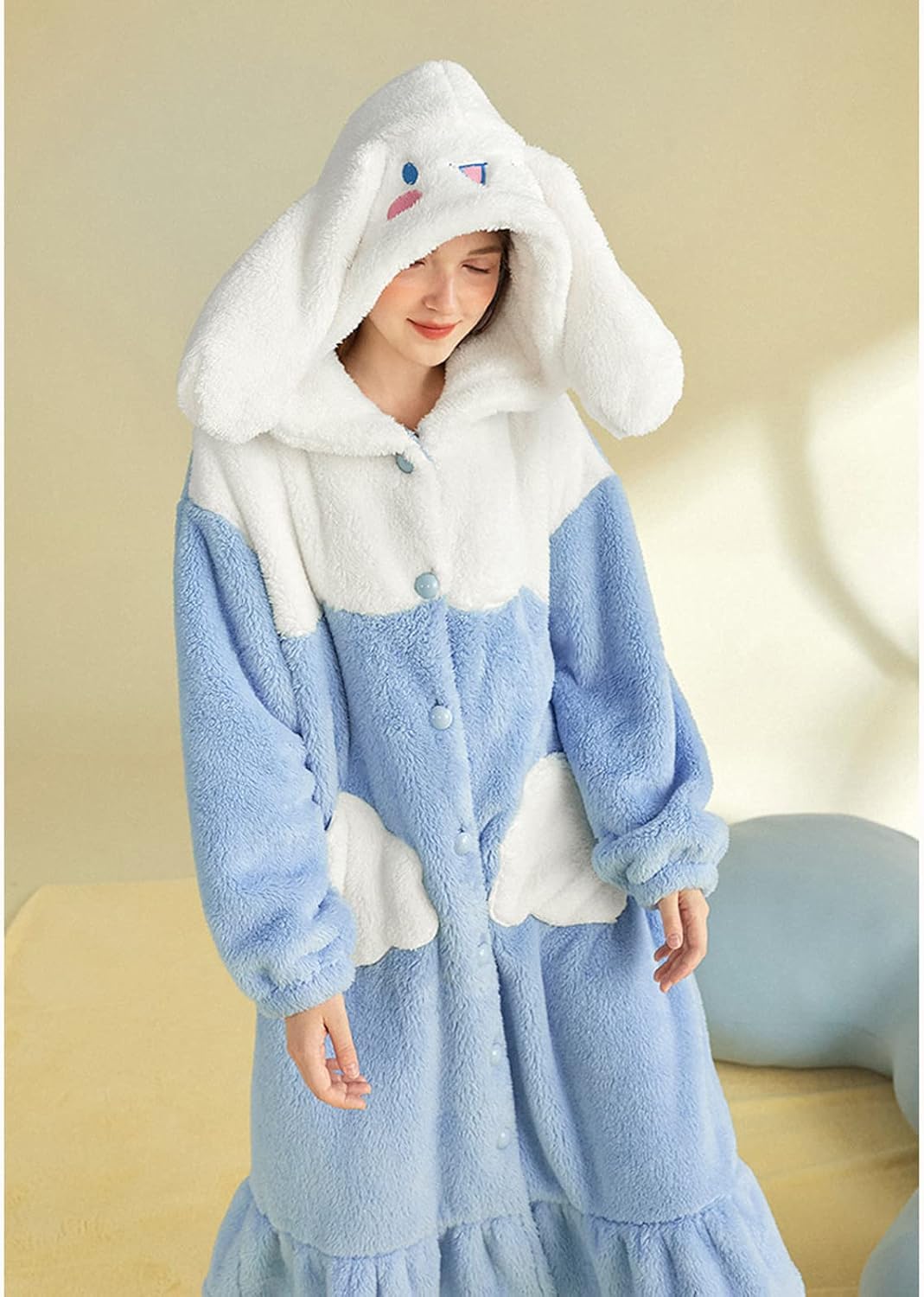 Women's robe button bathrobe Women's hoodie coat plush warm pajamas Long sleepwear with cute pattern pocket pajamas - Image 4