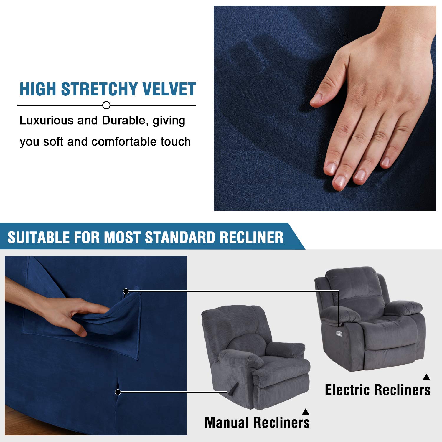H.VERSAILTEX Recliner Sofa Cover 1-Piece Non Slip Soft High Stretch Modern Thick Velvet Plush Slipcover Form Fit Stretch Furniture Cover Recliner Sofa Slipcover Machine Washable - Navy