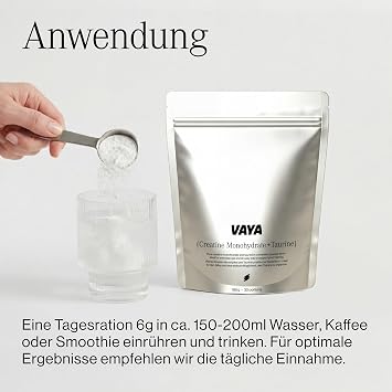 VAYA® Creatine Monohydrate + Taurine Powder - The Original - 5000 mg Creatine & 1000 mg Taurine per Serving - Neutral in Taste & Immediately Soluble - Vegan No Sugar - 180 g (30 Servings)