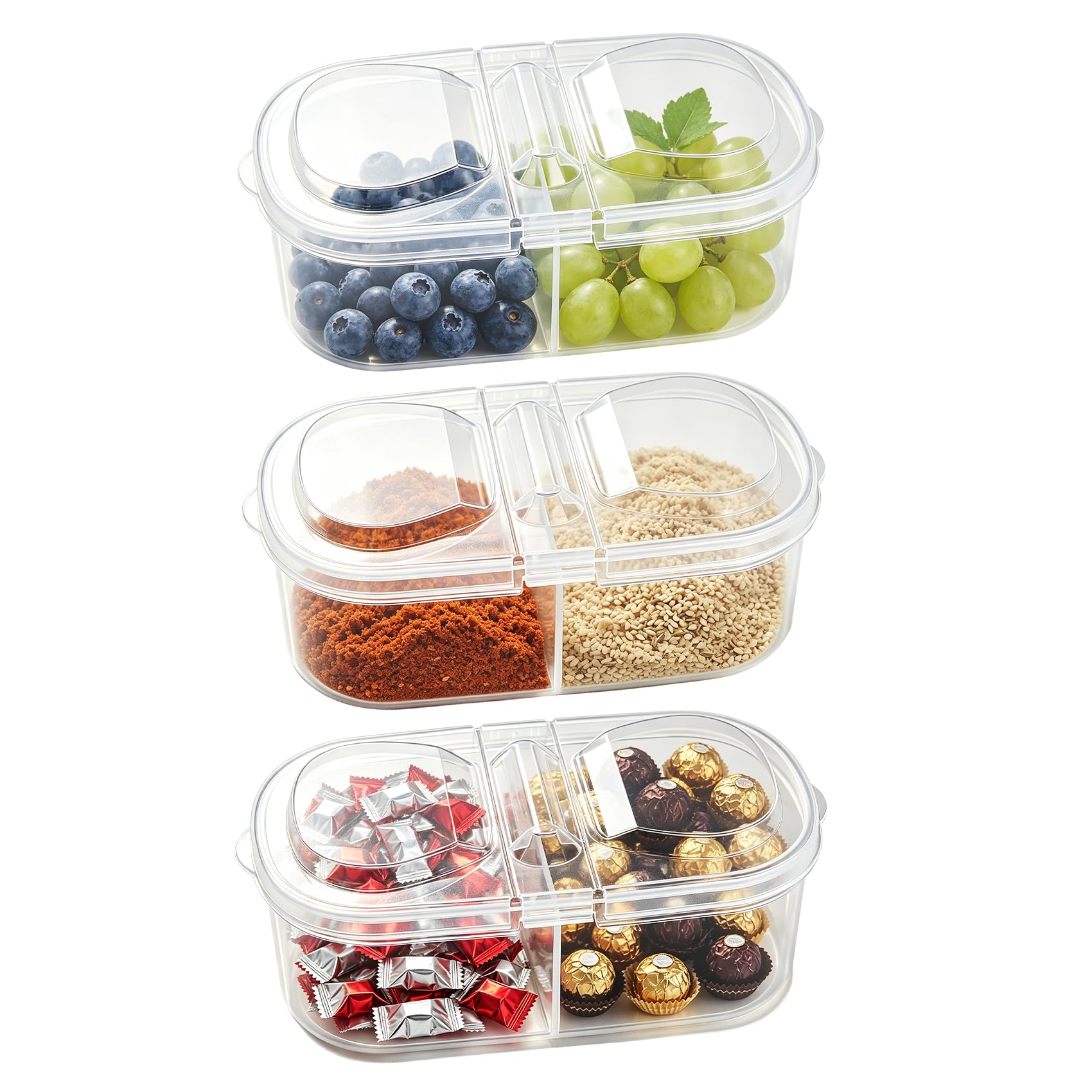 Leislam 3 Pack Divided Fruit Box, Clear Portable Storage Unit, Leakproof Organizer, Food Grade Reusable PP5 Food Container 18 × 9 × 6 cm for Office, Picnic and Food Preservation