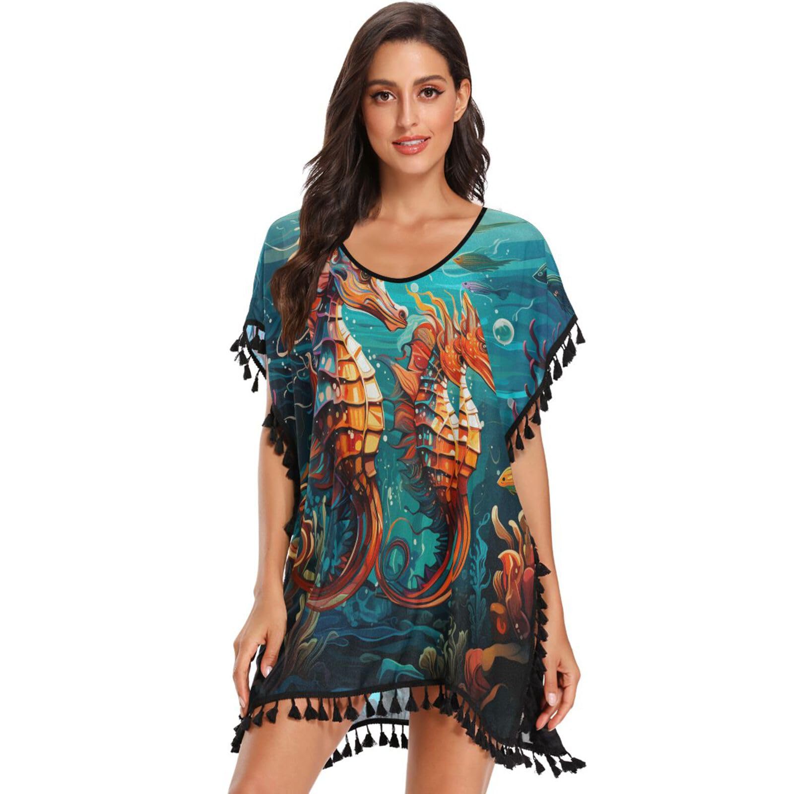 Watercolor Art Seahorses Fishes Women's Beach Cover Up Chiffon Tassel Swimwear Swimsuit Coverups for Girl
