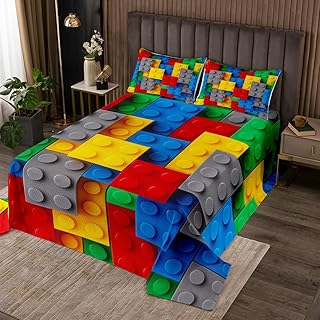 Erosebridal Construction Quilt Set Colorful Bedspread Set 3D Building Blocks CoverletÂ Set Twin,Kids Boys Bricks Quilted Rainbow Gradient Room Decor for Teen Girls,Red Yellow Green Blue Grey