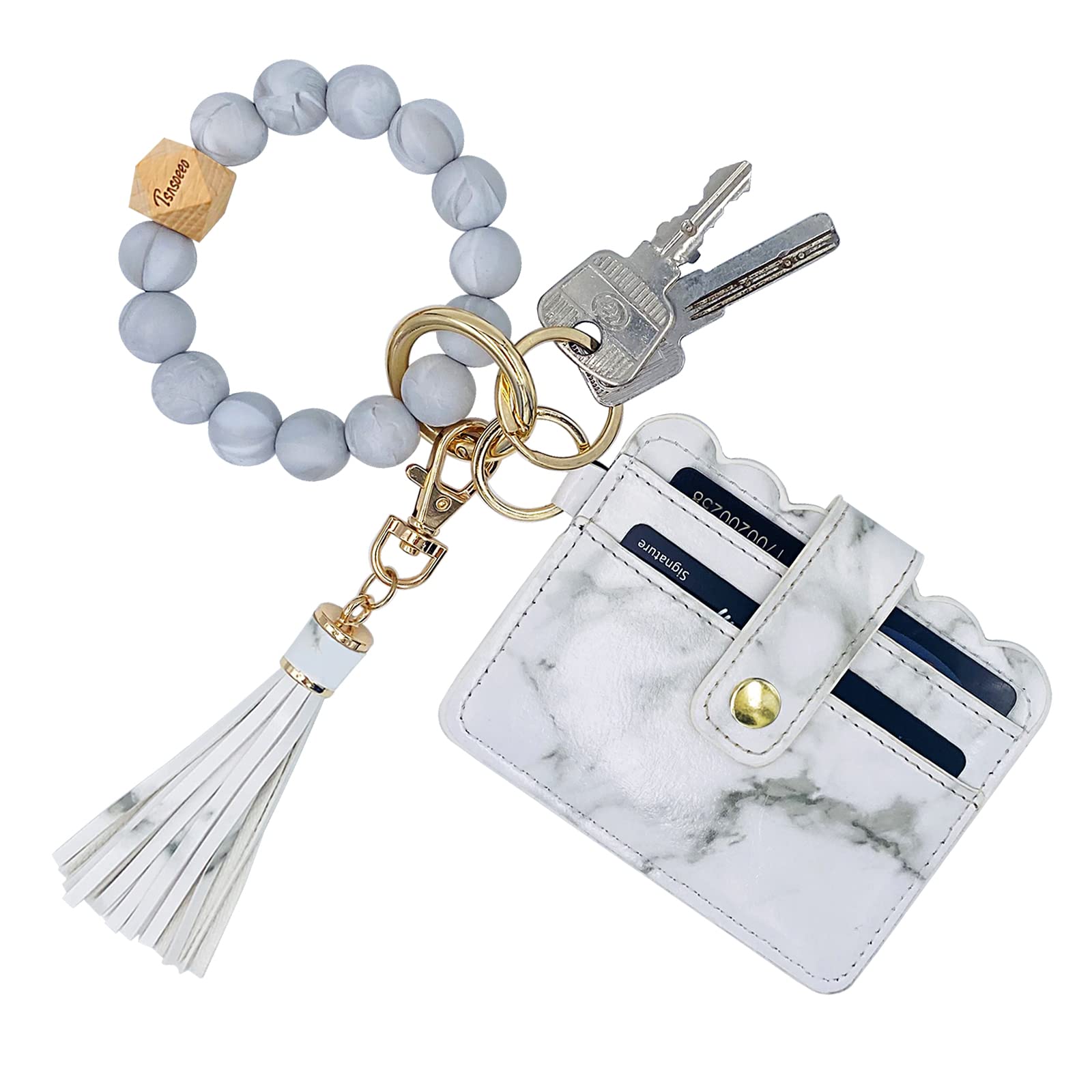 TSNSOEEO Keychain Wallet Wristlet Small Credit Card Holder Bracelet Key Chain Purse Bangle Tassel Beads Key Rings for Women