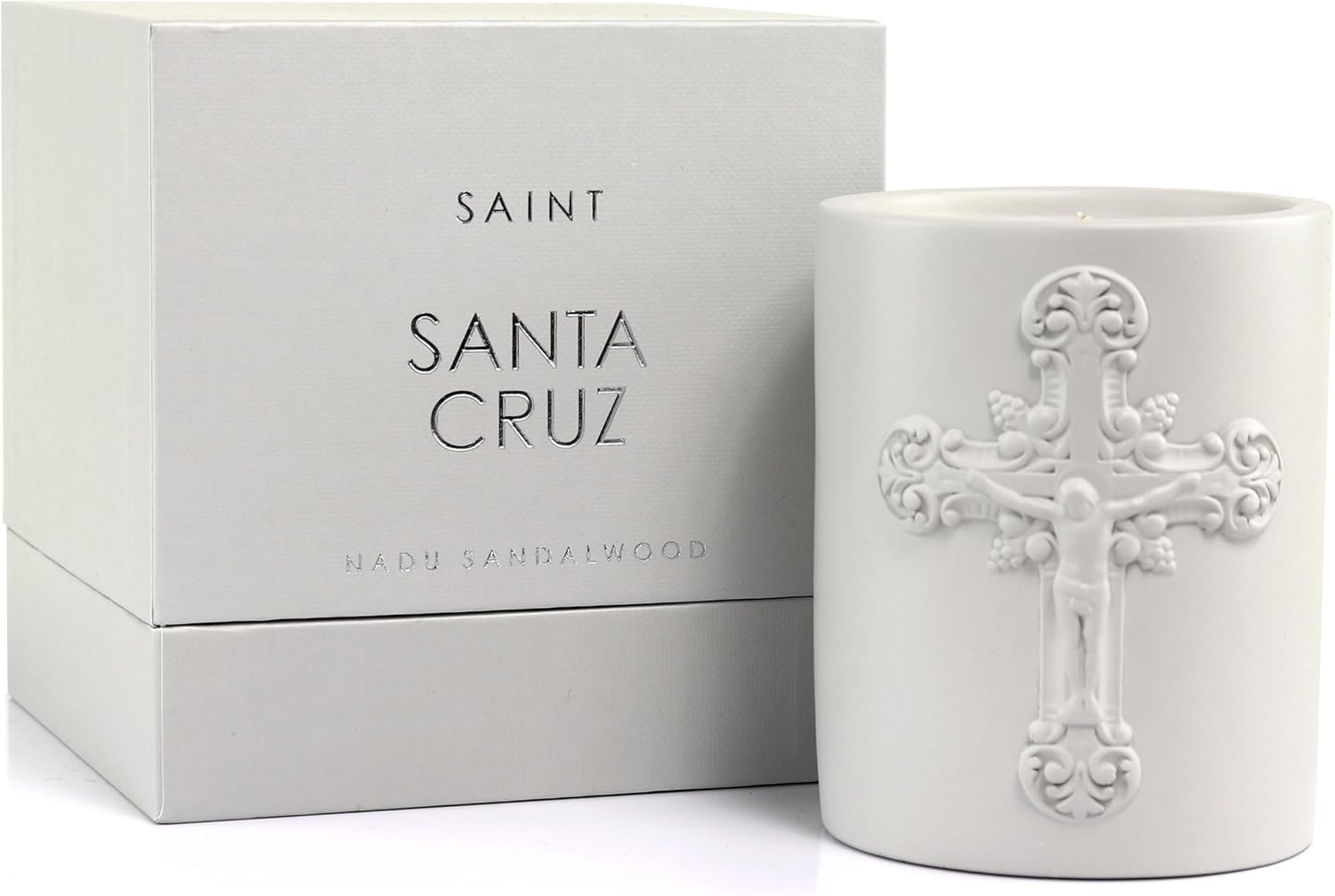 SAINT Santa Cruz Scented Candle with Prayer and Prayer Coin - Nadu Sandalwood in Decorative, Concrete Jar - Soy Coconut Aromatherapy Candle with 80 Hour Burn Time, Special Edition