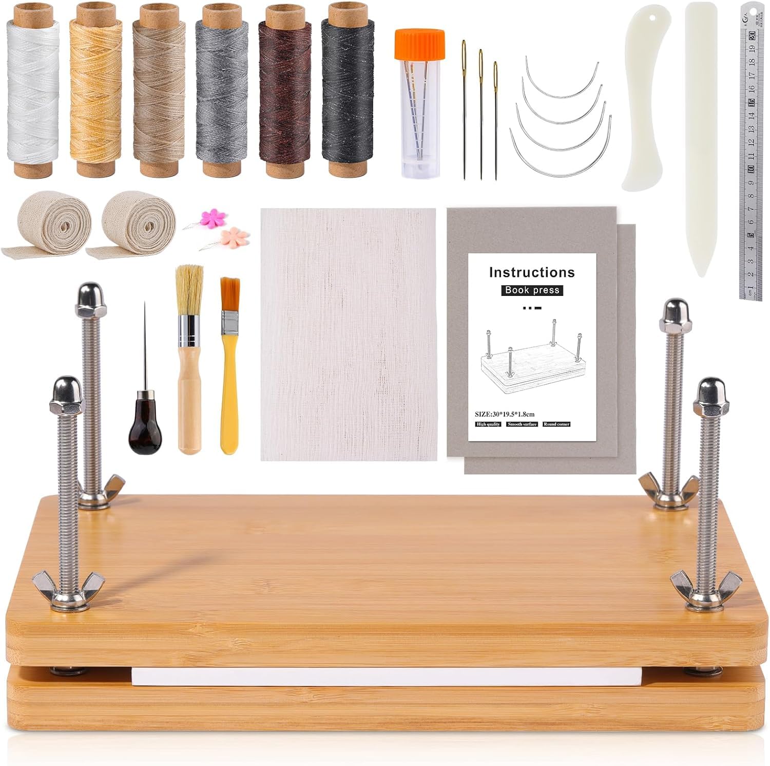 SunshineFace Kits de encuadernación de libros, kit de encuadernación de 35 piezas con prensa de encuadernación de madera, carpetas de hueso, punzones, agujas, hilo, suministros hechos a mano para
