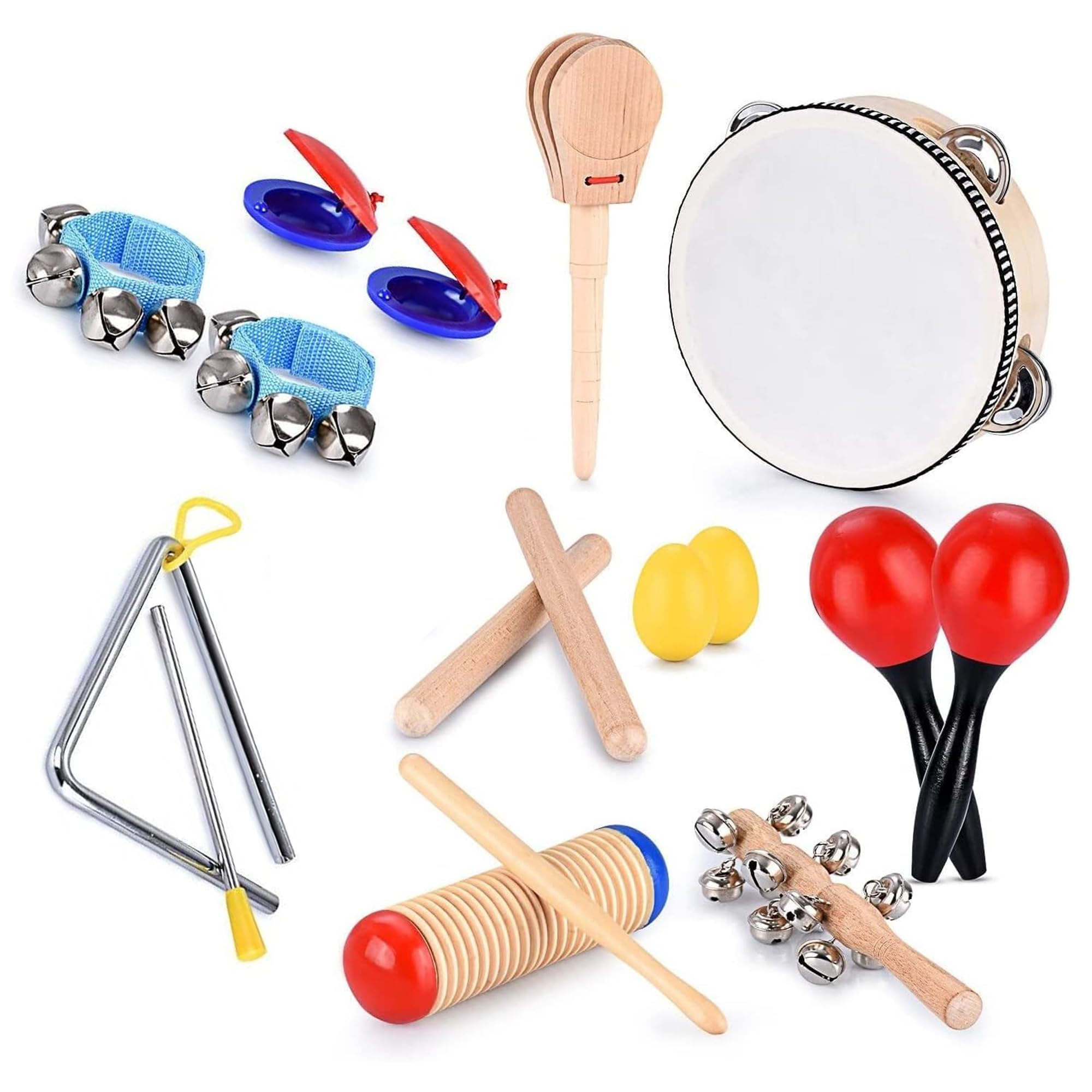 Sulfar Musical Instrument Set 16 PCS | Rhythm & Music Education Toys for Kids | Clave Sticks, Shakers, Tambourine, Wrist Bells & Maracas for Kids | Natural Toys with Carrying Case