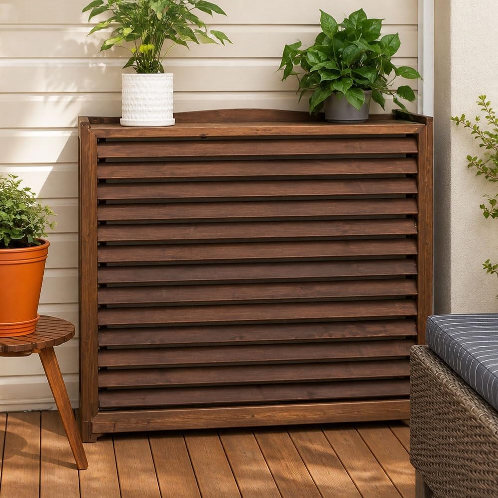 Brown Solid Wood Outdoor Air Conditioner Cover, Outdoor Heat Pump Cover For Balconies To Decorate Gardens And Balconies, Weather-Resistant/Easy To Install, 4 Sizes(L-105x47x80cm)