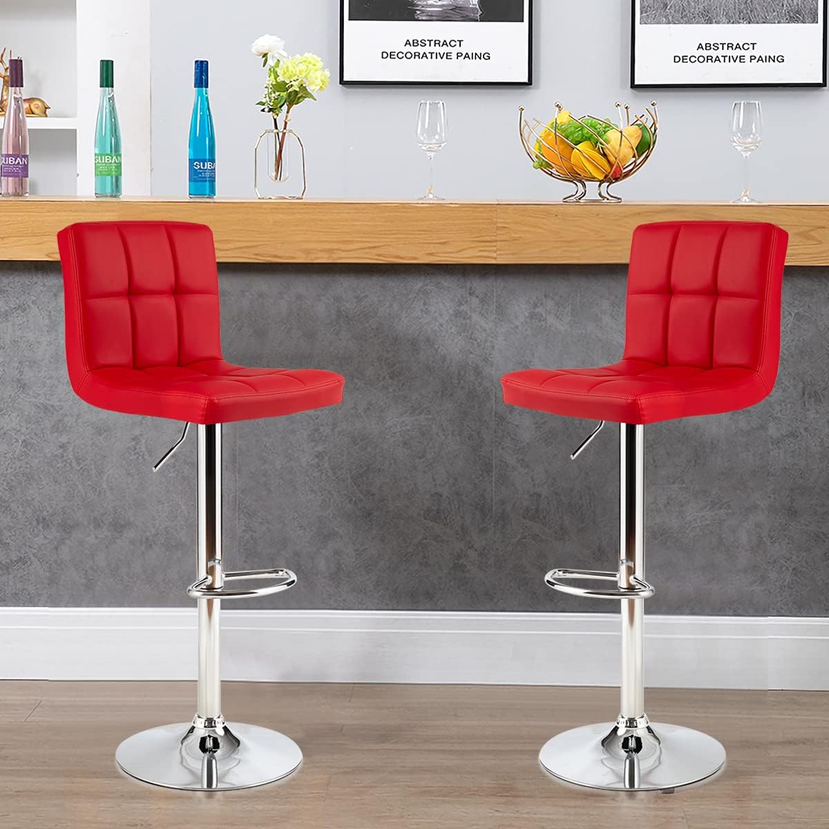 GOFLAME Bar Stools Set of 2, PU Leather Bar Chairs with Adjustable Height, 360° Swivel Seat, Footrest & Anti-Slip Metal Base, Armless Counter Height Barstools for Kitchen Island, Bistro, Pub, Red