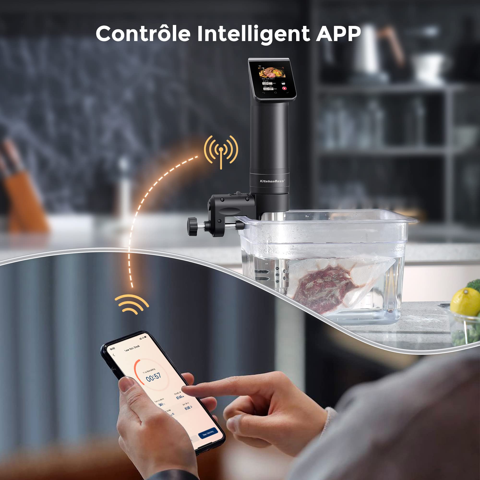 KitchenBoss Thermoplongeur WLAN Cuiseur Sous Vide: G330 Wifi Cuisson Sous Vide, 1100W,IPX7 Imperméable à l'eau d'Immersion de Cuisinière Thermostat Réglable APP Contrôle, Acier inoxydable, Noir