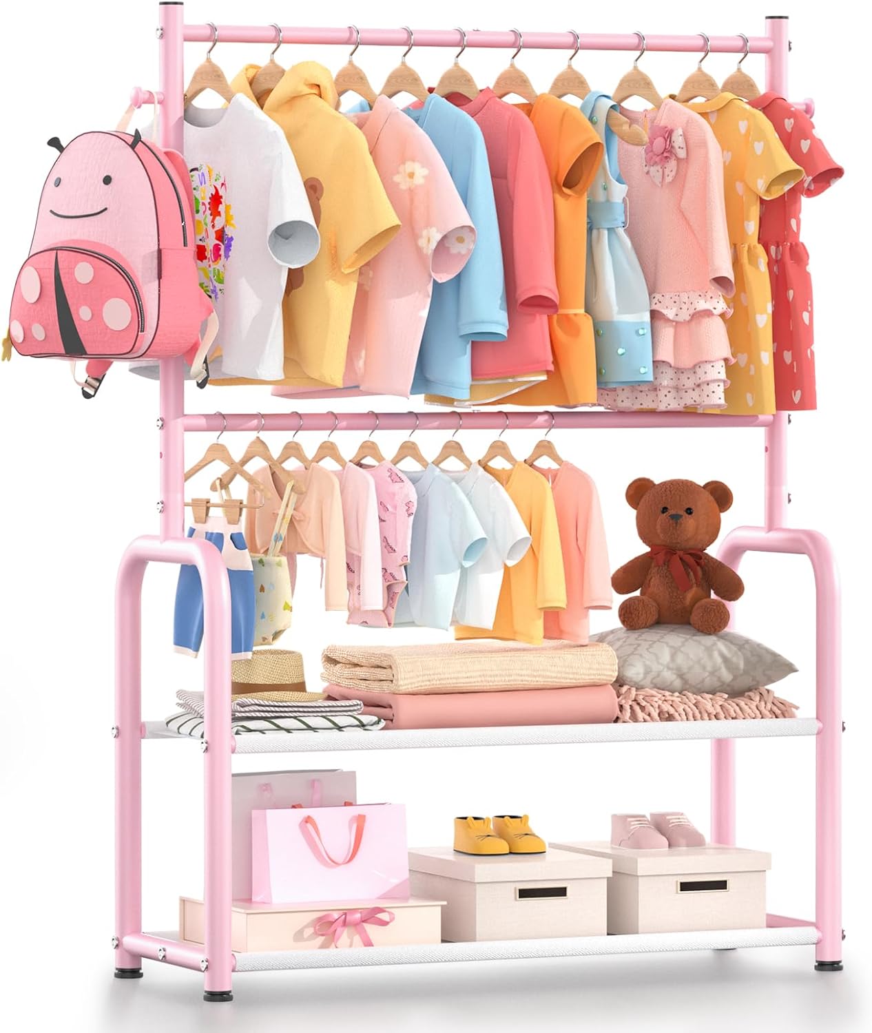 Kids Clothing Rack with 2-Layer Storage Shelf and 2 Adjustable Hanging Rods, Small Baby Closet Organizer for Hanging Clothes, Kids Dress Up Rack for Child (Classic, Pink)