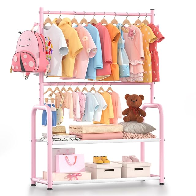 Kids Clothing Rack with 2-Layer Storage Shelf and 2 Adjustable Hanging Rods Dress Up Rack for Hanging Clothes