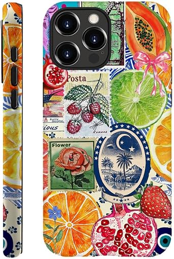 Case Compatible with iPhone 16 Pro,Hybrid 2-Layer Hard Shell,Shockproof Soft for Girl Women,European Lemon Stamp Collage