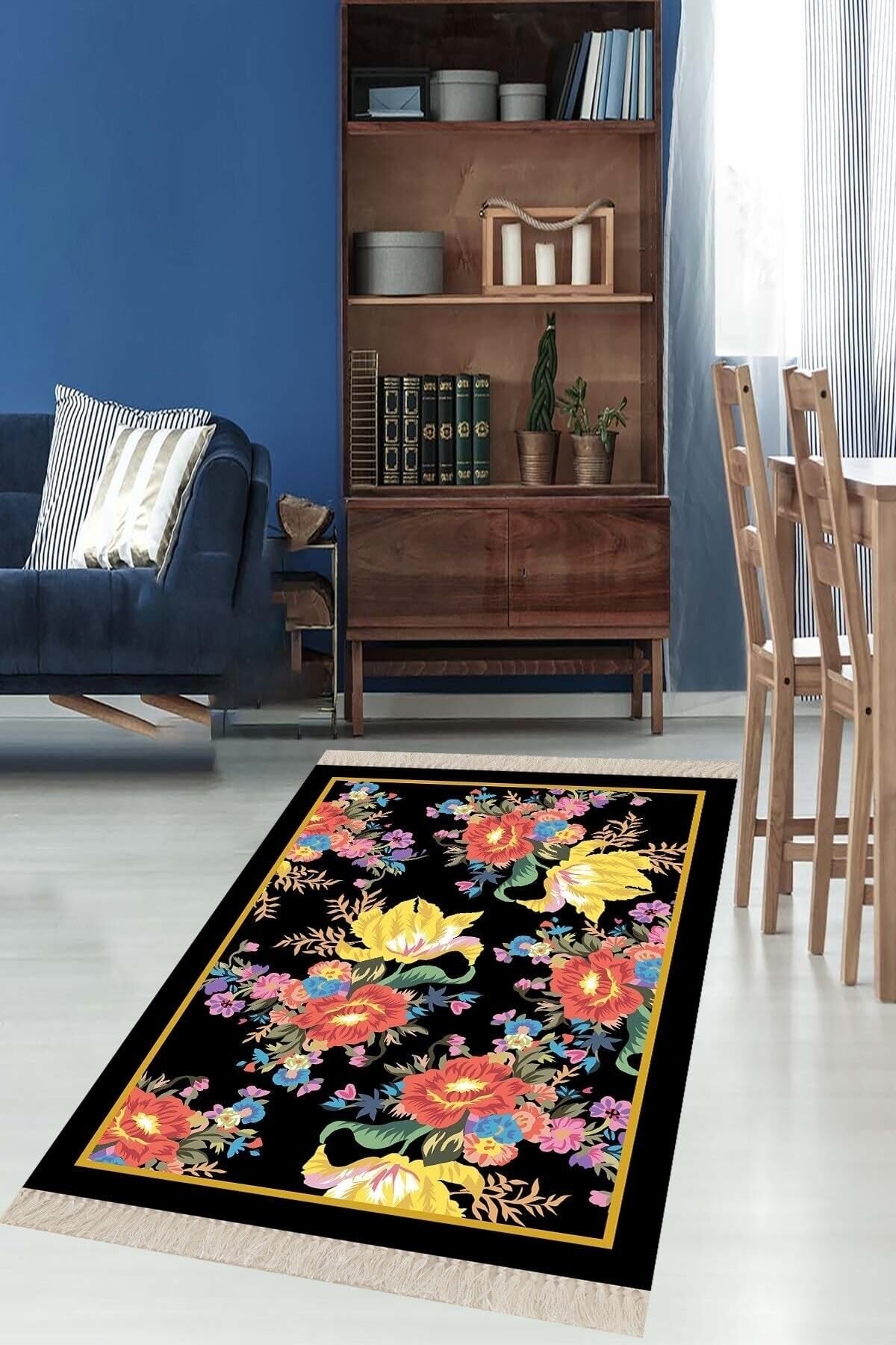 Pelangi Çiçek Desenli Dijital Baskı Yıkanabilir Kaymaz Taban Modern Salon Halısı ve Yolluk, Siyah 180 x 300