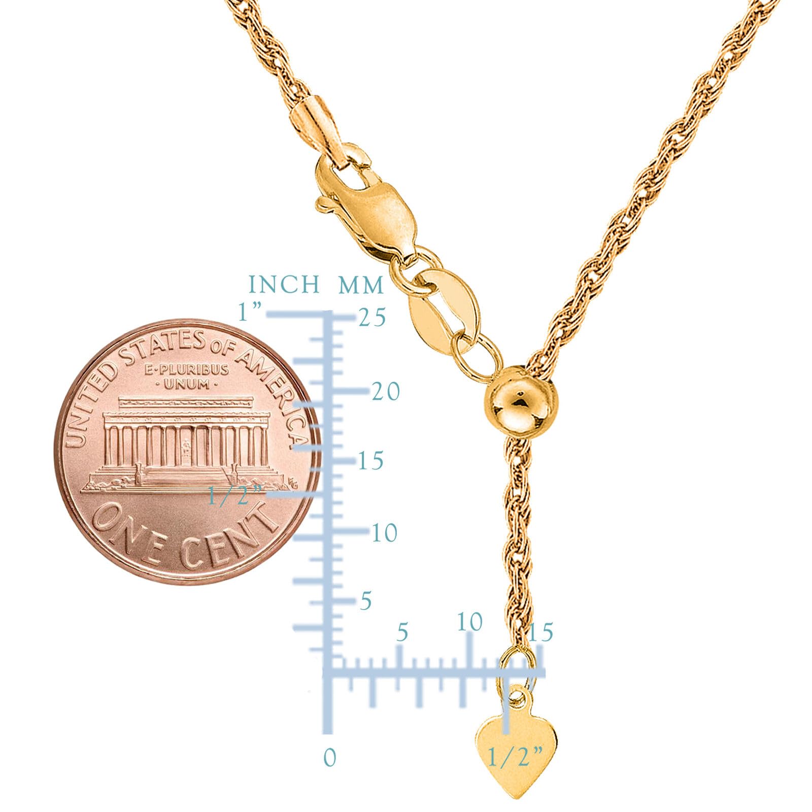 Argento sterling placcato tono giallo 55,9 cm scorrevole regolabile corda catena collana, 1.5 mm