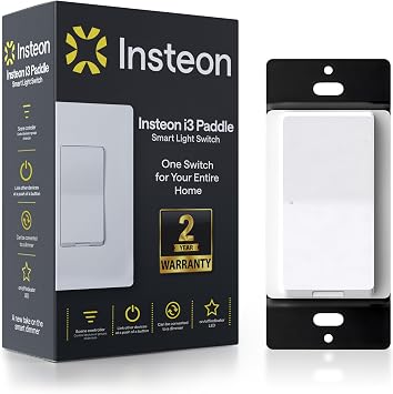 Insteon i3 Paddle Smart Light Switch, PS01 White - Works as Both On/Off or Dimmer Wall Switch - Needs Neutral Wire - Requires Insteon Hub for Voice Control with Amazon Alexa and Google Assistant