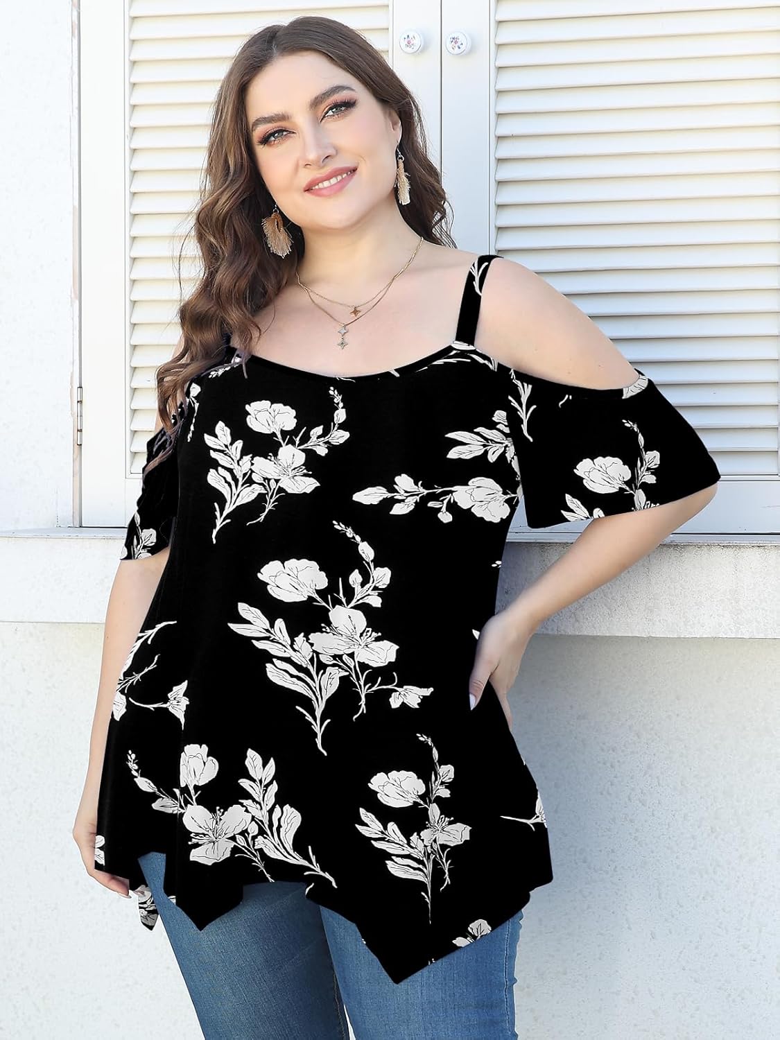 LARACE Cold Shoulder Tops for Womens Summer Clothes Spaghetti Strape Tunic Oversized Shirts Asymmetrical Plus Size Blouse - Image 5