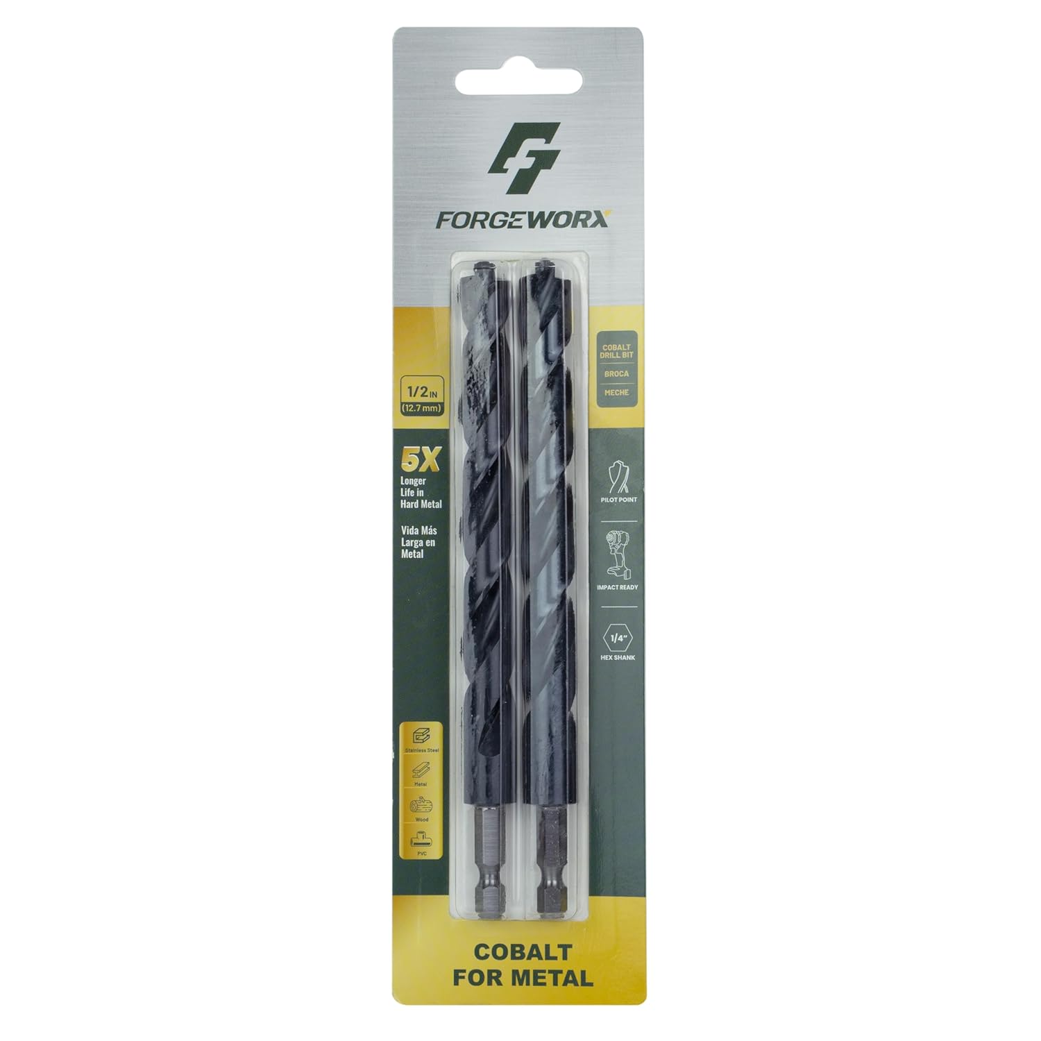 1/2 Inch Cobalt Drill Bits 2pcs Heavy-Duty Metal Drill Bit Set for Steel, Cast Iron, TiAlN Coating, 1/4" Hex Shank (1/2" x 4")