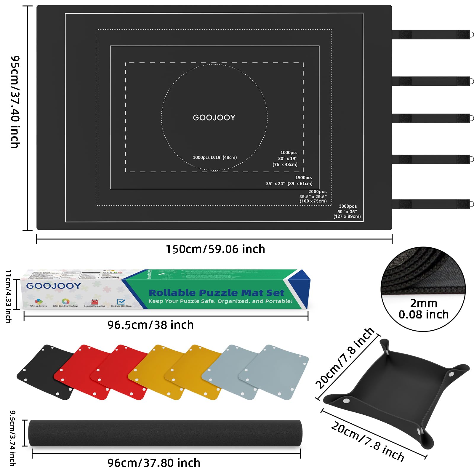 Tapis Puzzle 3000 Pièces - Matériau en Caoutchouc - 150 X 100 cm Tapis de Puzzle à Rouler - Accessoire pour Puzzles - Rangement Puzzle avec 8 Trieur Puzzle - Emballage Cadeau