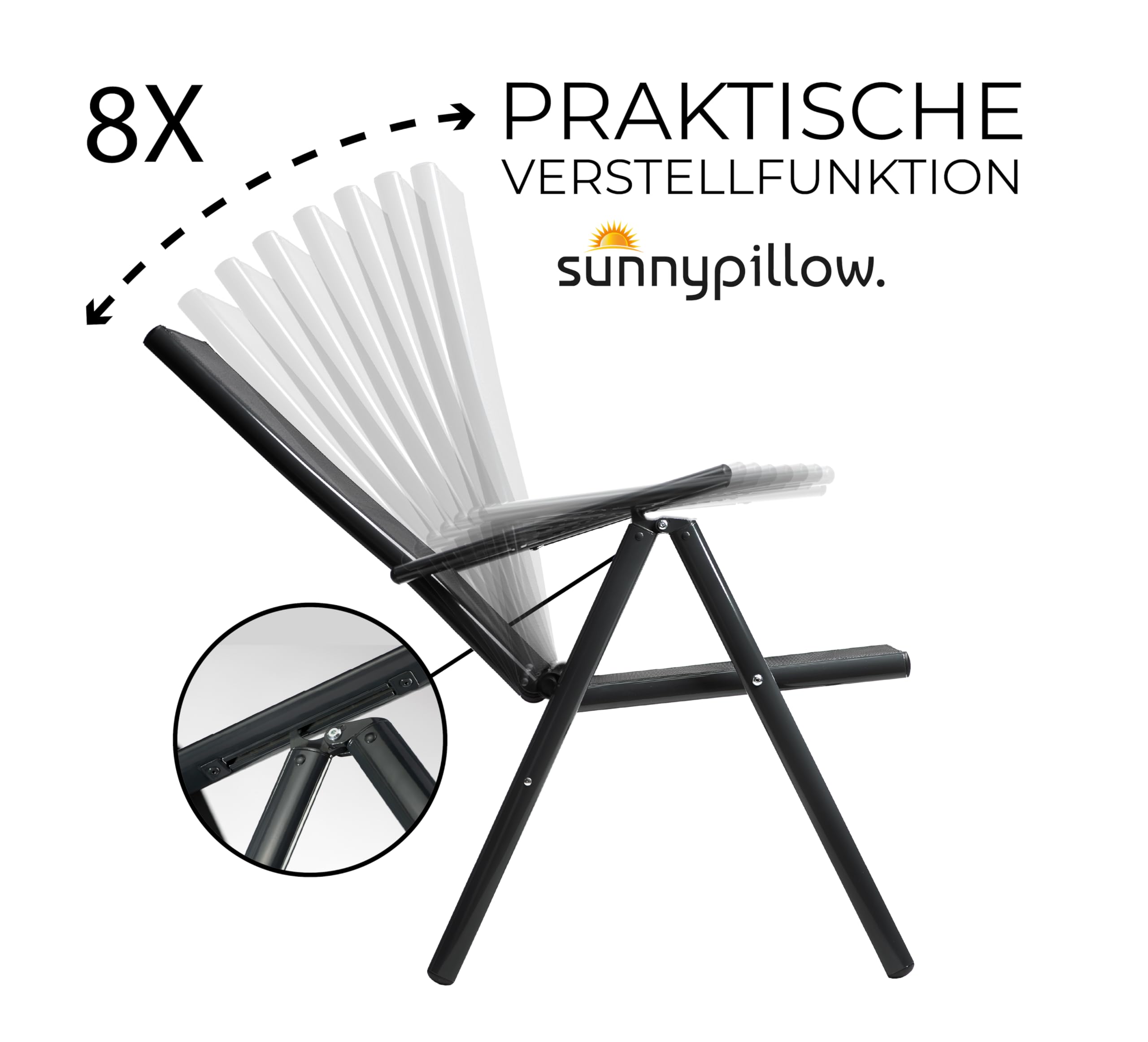 sunnypillow Gartenstuhl Hochlehner | klappbar 8-Fach verstellbare Rückenlehne mit Armlehnen | 120 kg belastbar | Aluminium Klappsessel Klappstuhl für Garten Balkon Terrassen wetterfest | Anthrazit