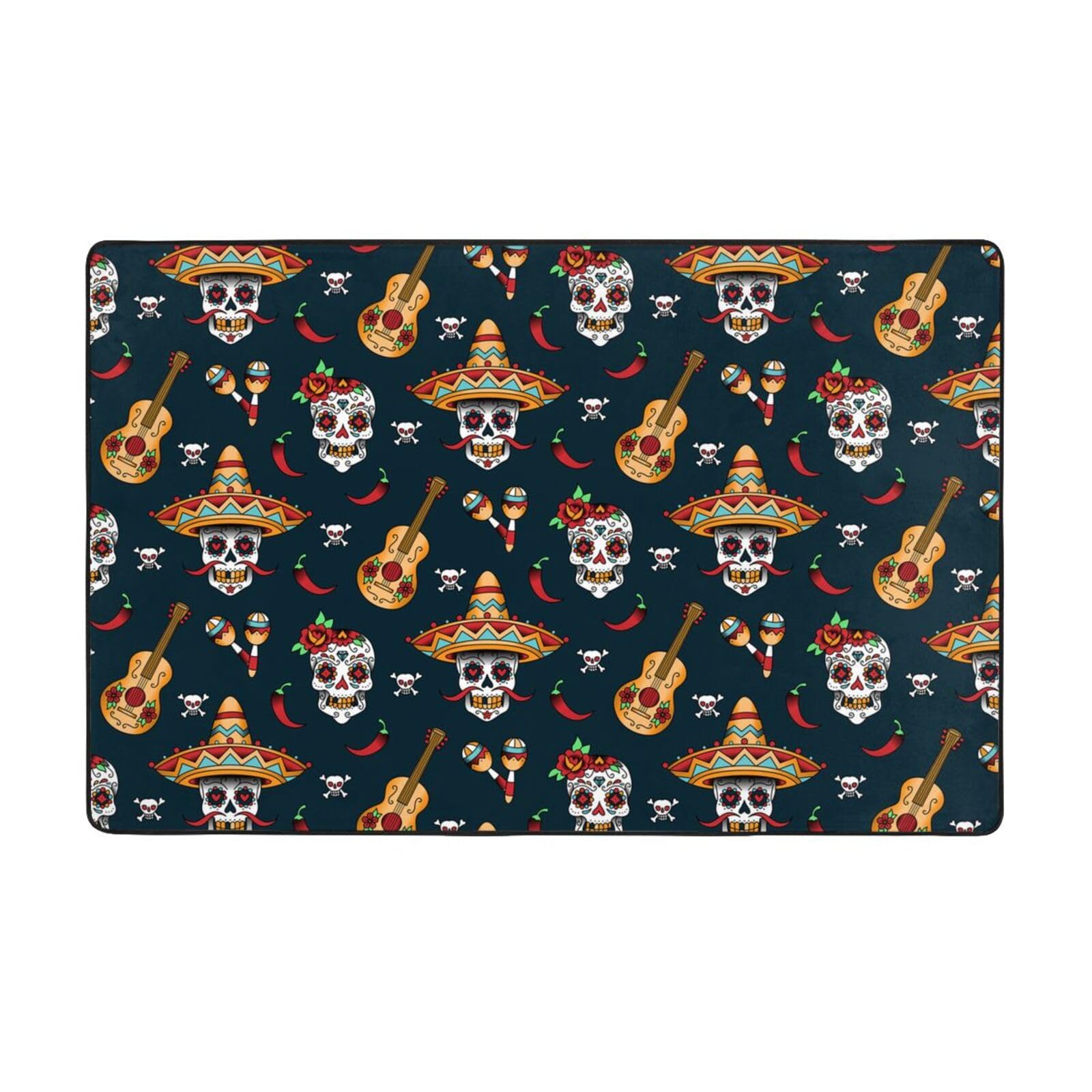 Tapis de salon antidérapant tête de mort mexicaine résistant à la saleté et lavable en machine