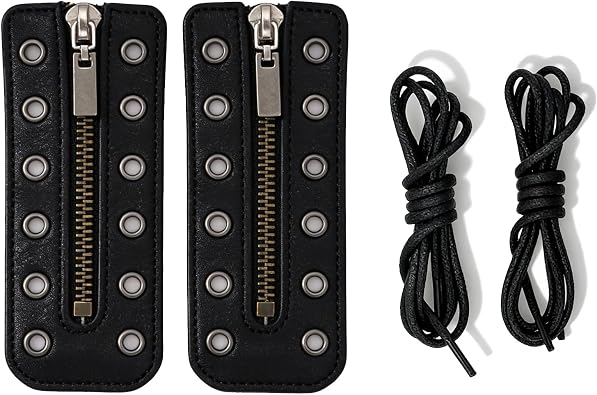 Leather Lace-in Boot Zipper Inserts 1 Pair with 1 Pair of 47 Boot Laces 6 Gunmetal Eyelets, Black