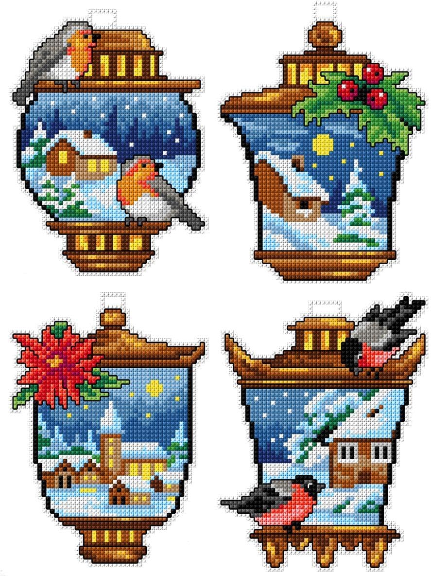 Wizardi Counted Cross-Stitch Kit on Plastic Canvas with Winter Stars. 4 Christmas Ornaments Same Dimensions 3.94x3.94 Inches. Superb for Embroidery & Craft Amateurs. 7675 Orchidea