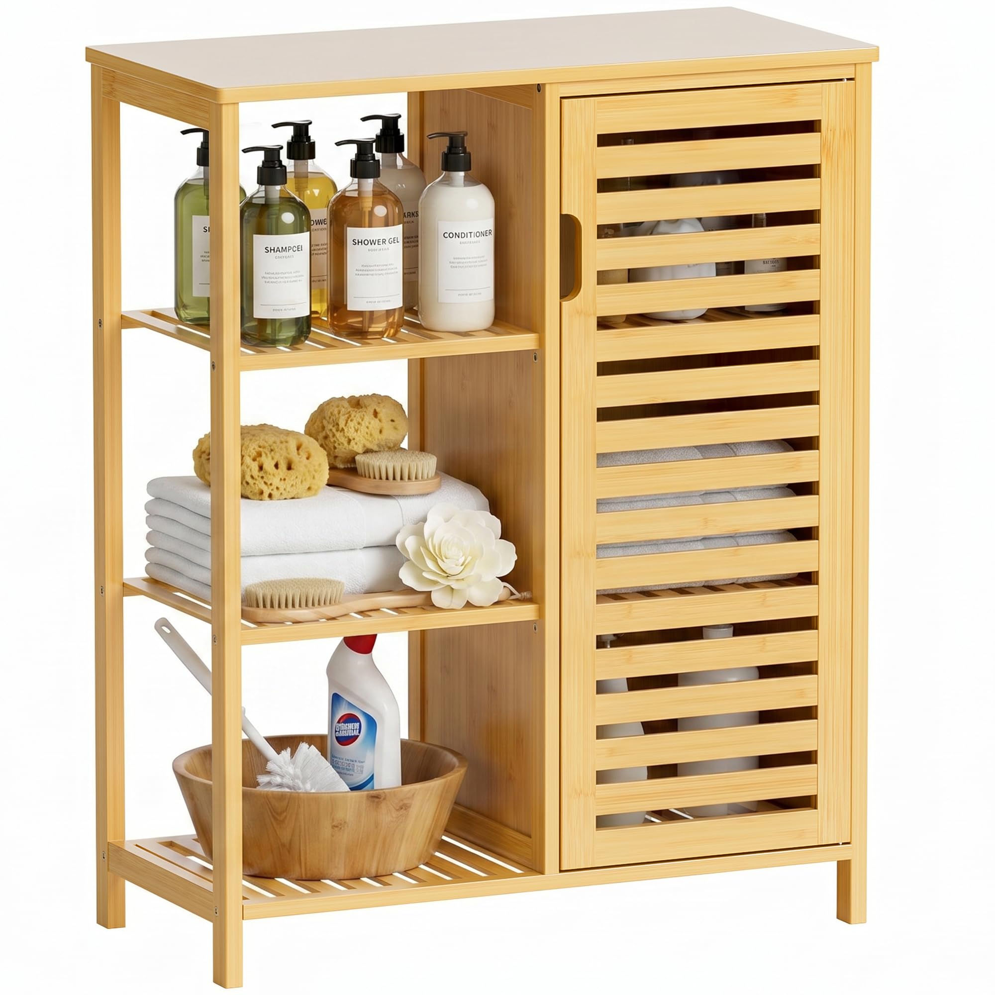 HITNET Mueble Baño Bambu, Armario Bajo Baño Auxiliar, Gabinete de Almacenamiento con Puerta y 3 Estantes Abiertos, para Sala de Estar, Cocina, Entrada, Natural