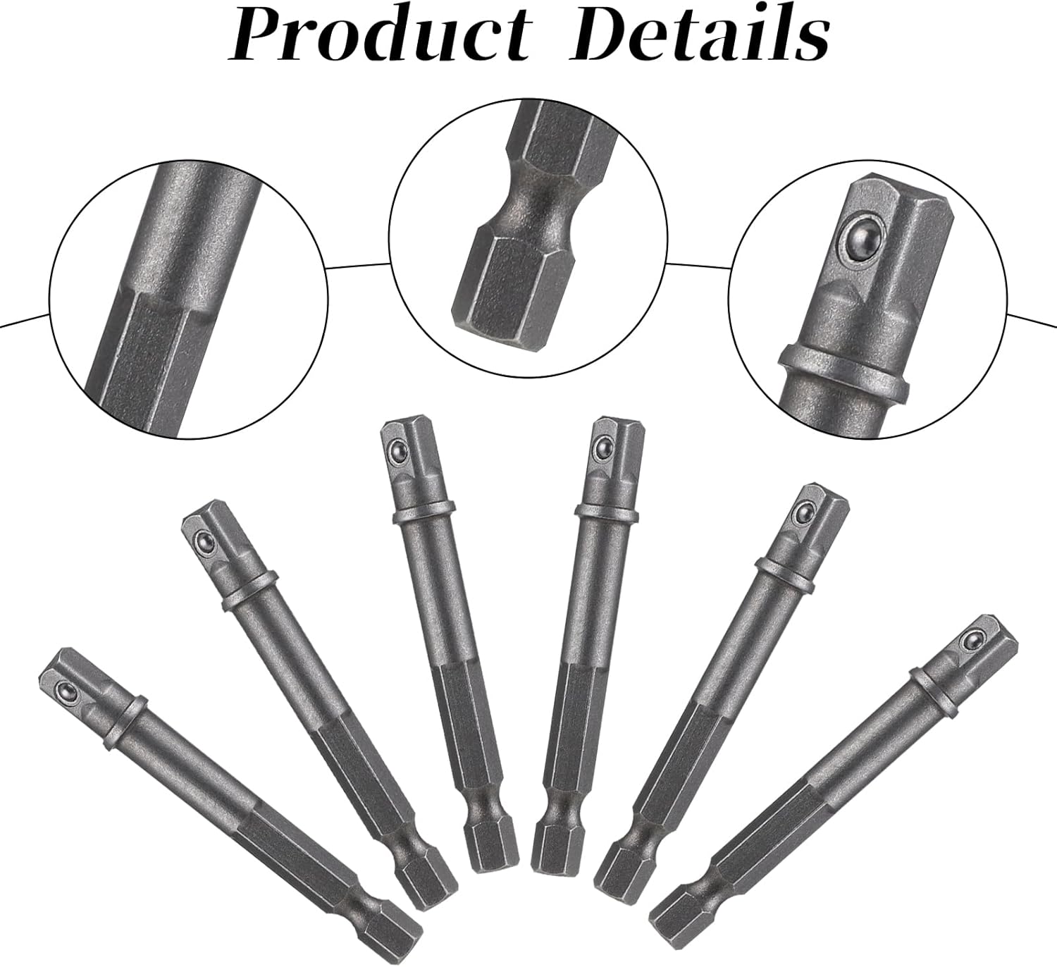 6 Pack 1/4 Inch Square Socket Adapter Bits for Drill and Impact Driver - Power Bit Set for Automotive DIY, Hex Shank, Silver