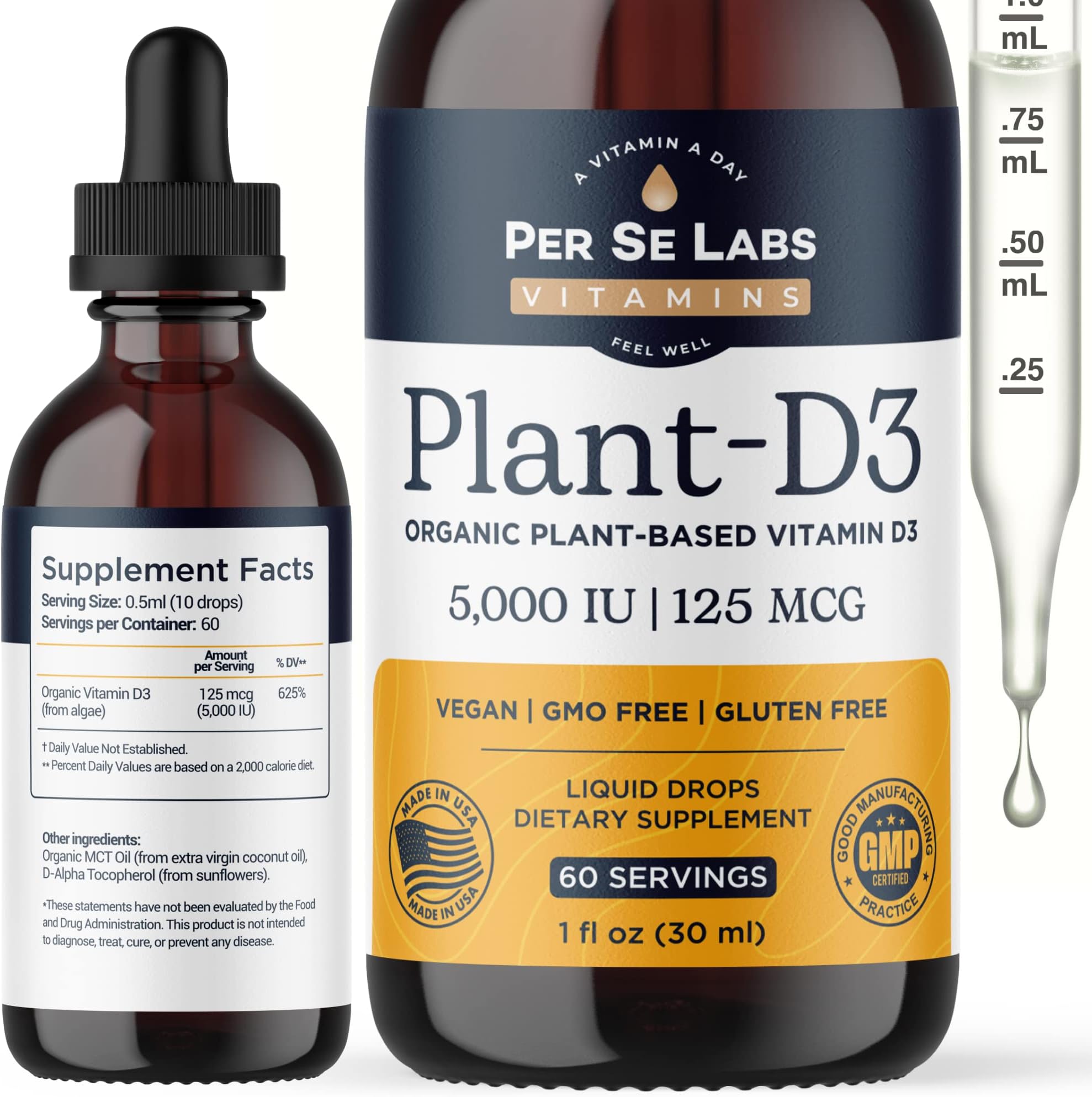 Vitamin D3 Liquid Drops 5000 IU for Nervous System & Immune Support | Vegan Organic Plant-Based Vitamin D3 for All Ages Supplement | Made in USA | 2oz 60 Servings 2Months Supply