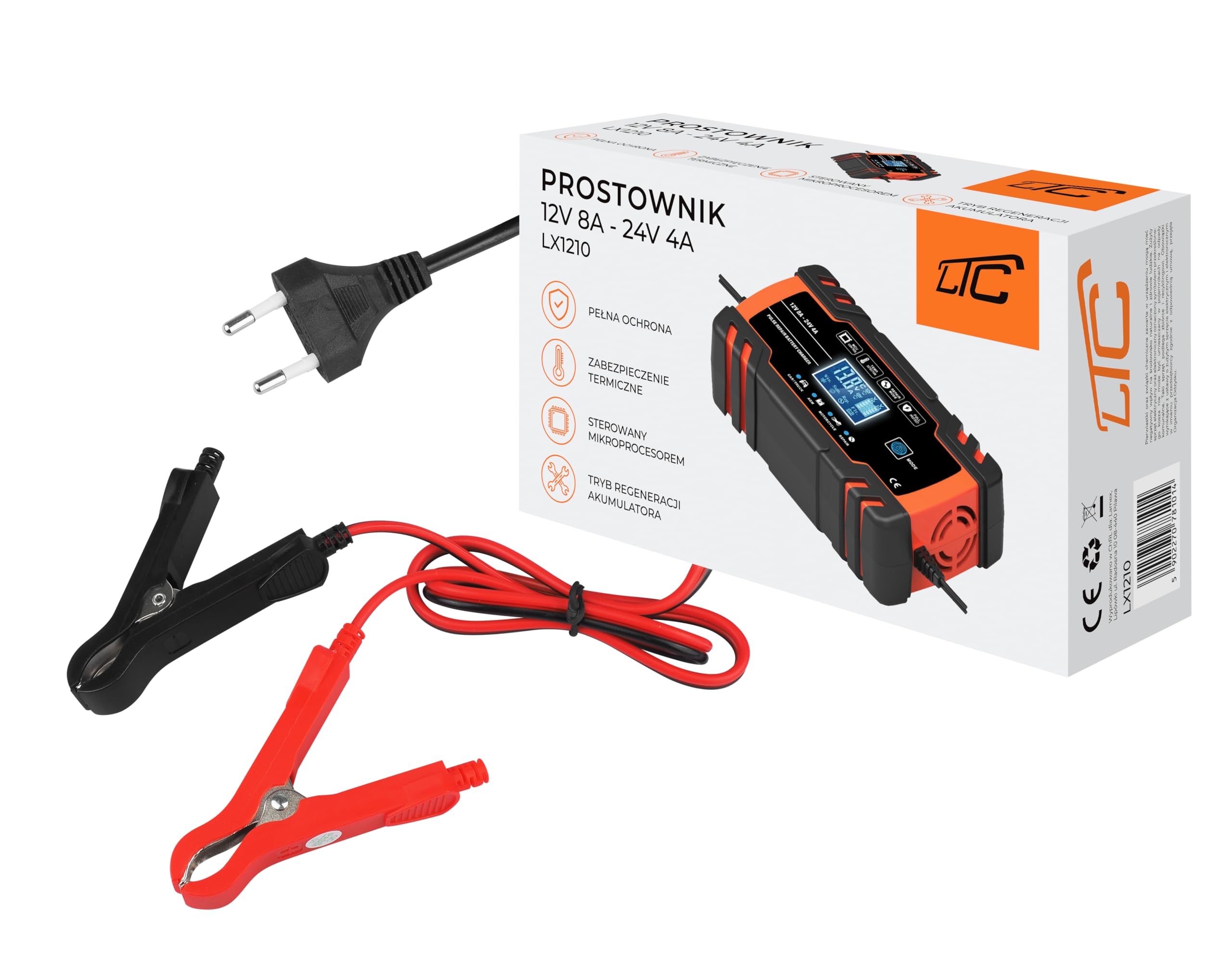 LTC Prostownik Samochodowy – Ładowanie Akumulatorów 12V 24V z Wyświetlaczem LCD - Moc 8A – Do Akumulatorów od 4Ah dp 150Ah – Tryb Naprawiania Akumulatora