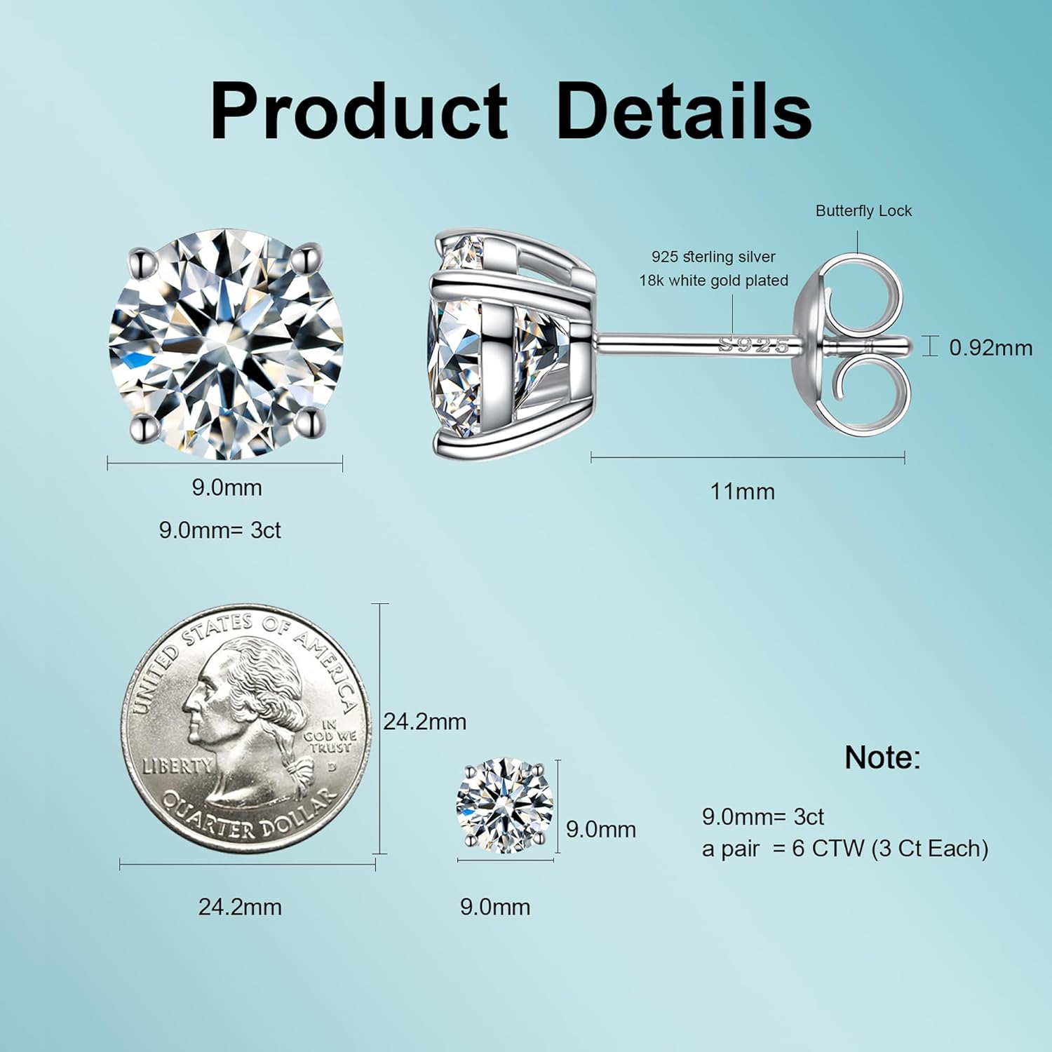 Moissanite Stud Earrings, Round Cut D Color VVS1 Clarity Lab Created Moissanite Earrings Studs 18K White Gold Plated 925 Sterling Silver Jewelry for Women Men - Image 2