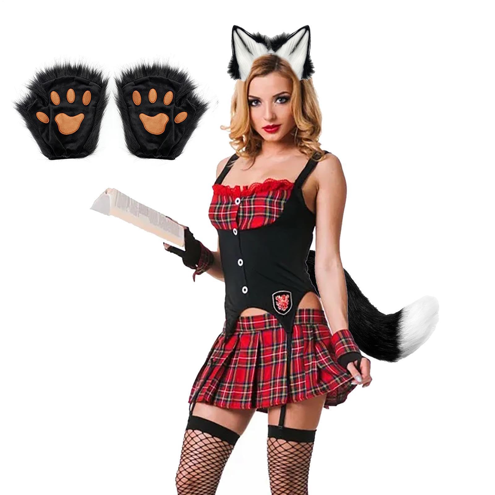 Costume di Halloween realistico, morbido e confortevole | Halloween Cosplay coda fascia orecchie per festa di compleanno personaggio sfida parata mascherata fidanzata moglie