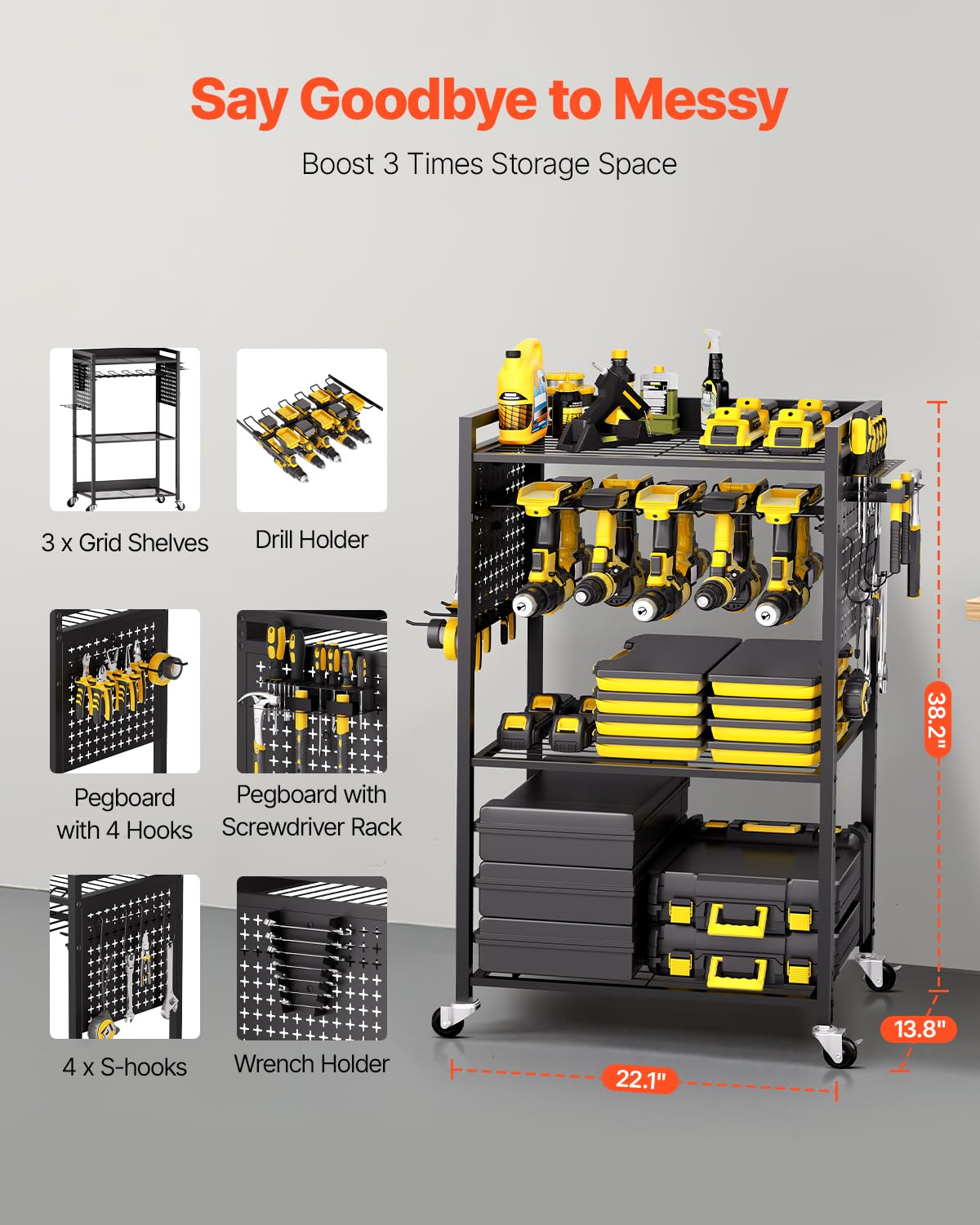VEVOR Chariot à Outils, 4 Niveaux, Chariot Servante d'Atelier à roulettes, Capacité de Charge 68 kg, Rangement d'Outils Électriques, Support de Perceuse, pour Garage, Atelier de Réparation, Noir