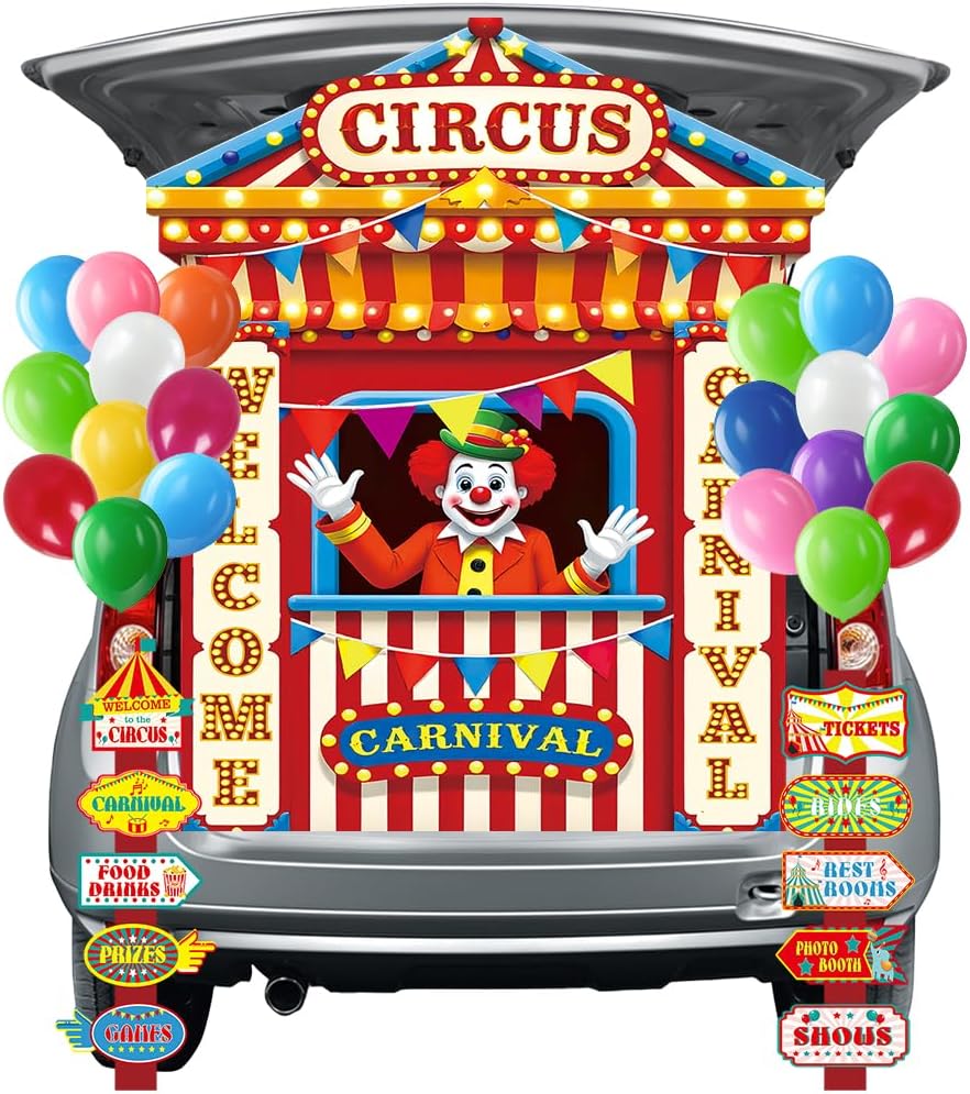 Trunk Or Treat Car Decor Kit for SUV Circus Carnival Clown Design, Circus Carnival Party Direction Signs Decor and Balloon for Halloween Party Car Garage Door Yard Archway Outdoor Decor