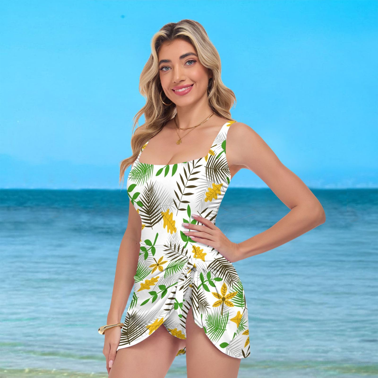 Costume da bagno intero da donna Costume da bagno da donna Costumi da bagno da donna Controllo della pancia Costumi da bagno Collo quadrato Foglie tropicali Pianta