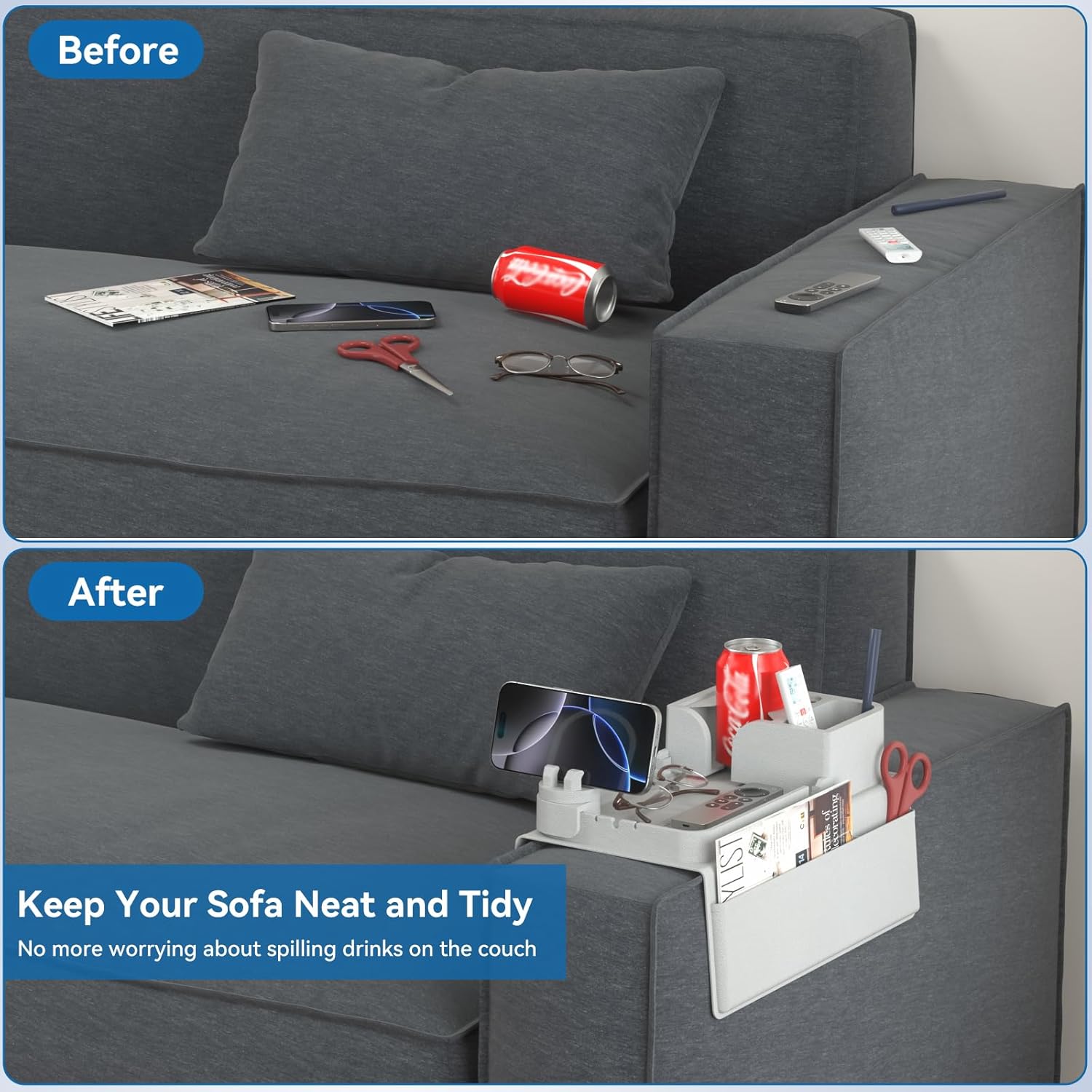 Couch Arm Cup Holder CLESOO Couch Arm Tray Anti-Slip Couch Cup Holder Silicone Sofa Armrest Tray Dual Side Pocket Couch Drink Holder Sofa Caddy Arm Remote Holder Snack Caddy with Phone Holder Grey - Image 8