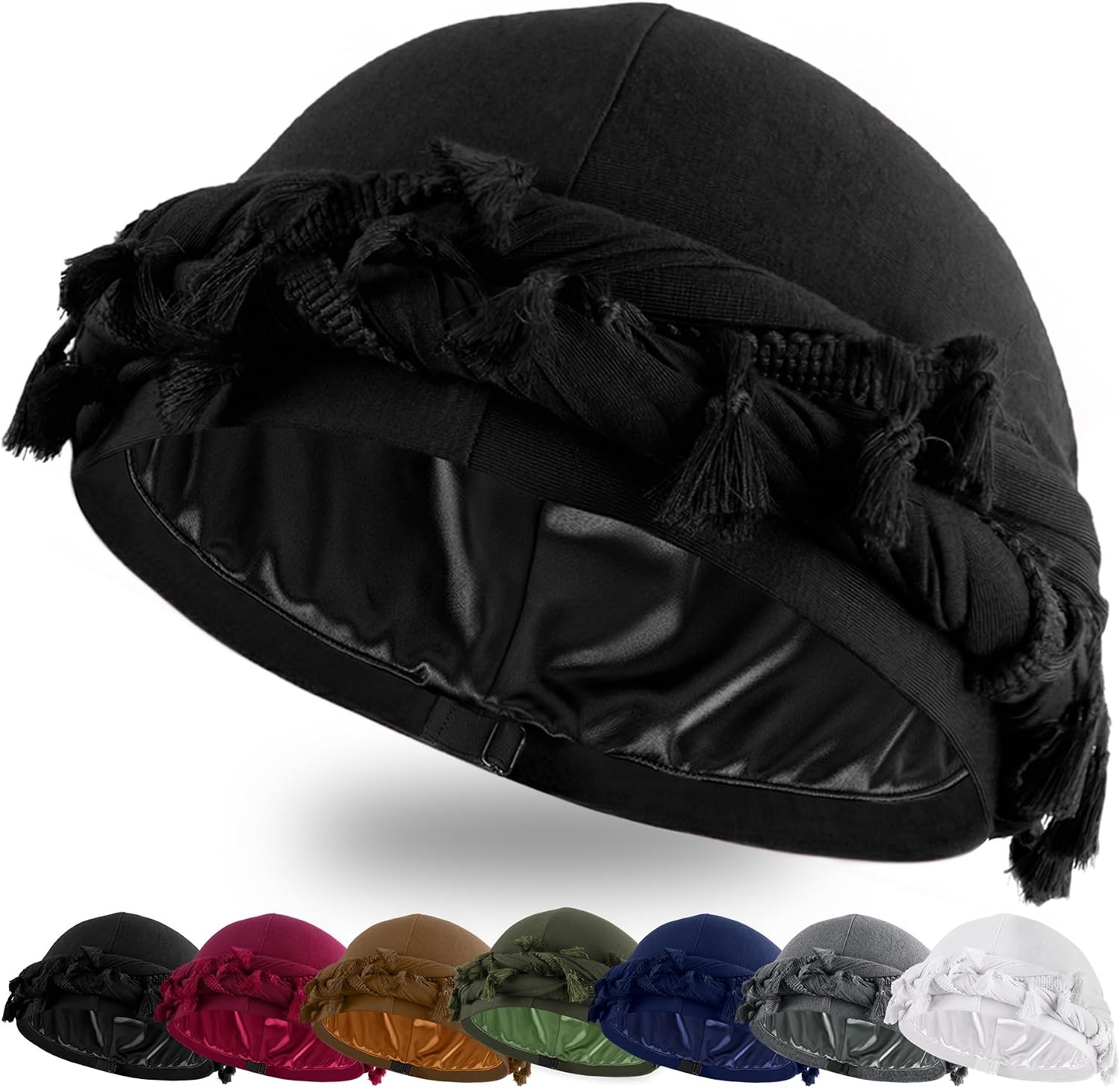 Ababalaya Adjustable Satin Lined Halo Turban Durag for Men &Women Twisted Tassel Head Wraps