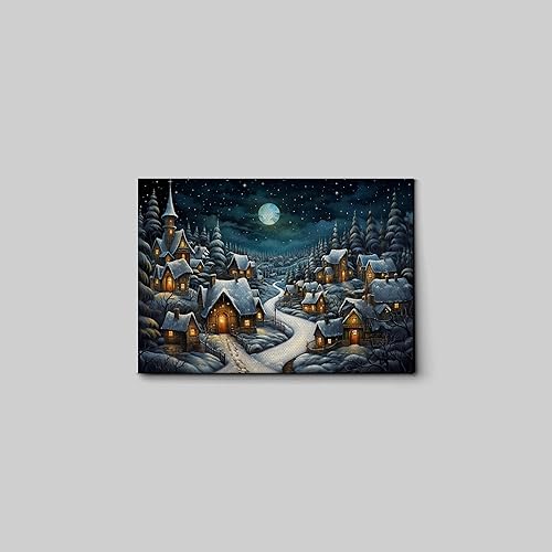 Miniatura 3 de Christmas Wall Art - Farmhouse Snow Covered Christmas Eve Village At Night Painting Canvas Print, Over Mantel Holiday Decor Ready To Hang, Modern