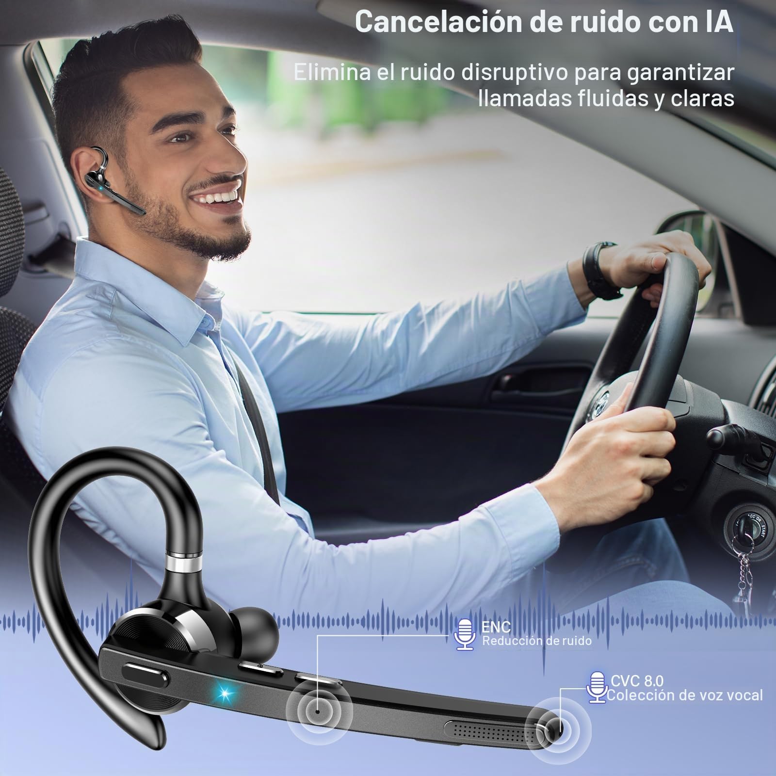 Thunelec Auriculares Manos Libres, 90 Horas aptx Auricular Bluetooth Mono con Doble Mic Cancelación de Ruido, Conexión Dual, Botón Mudo, Auriculares Manos para Camioneros, Negocios y Deporte, Gris