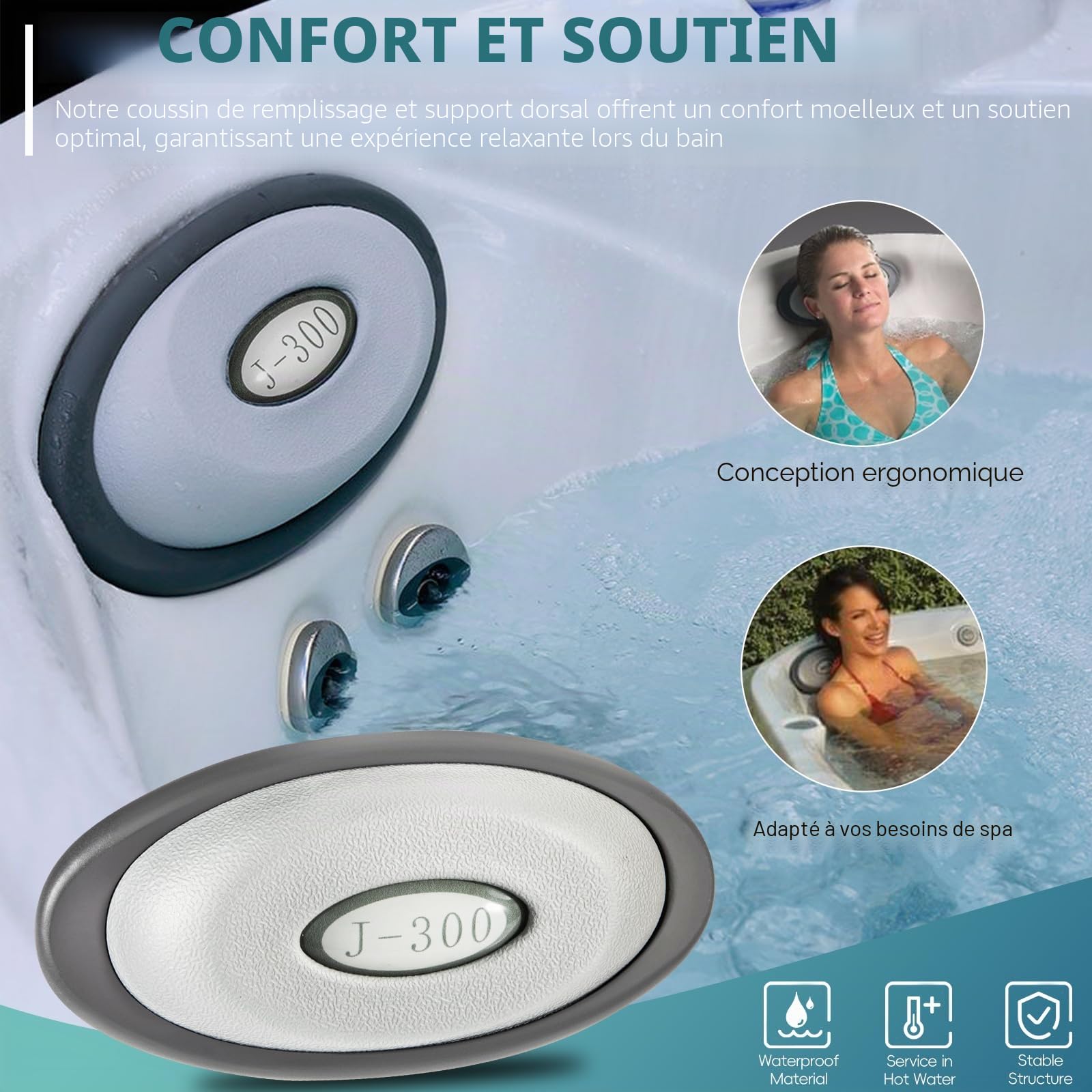 4 Pack 2472-824 Insert de Coussin Ovale pour Spa et Support Dorsal Compatible avec les Jacuzzi J-300 Série 2004–2018 & Spas, 2455-263 Coussins de Tête de Spa de Rechange - Support Amélioré