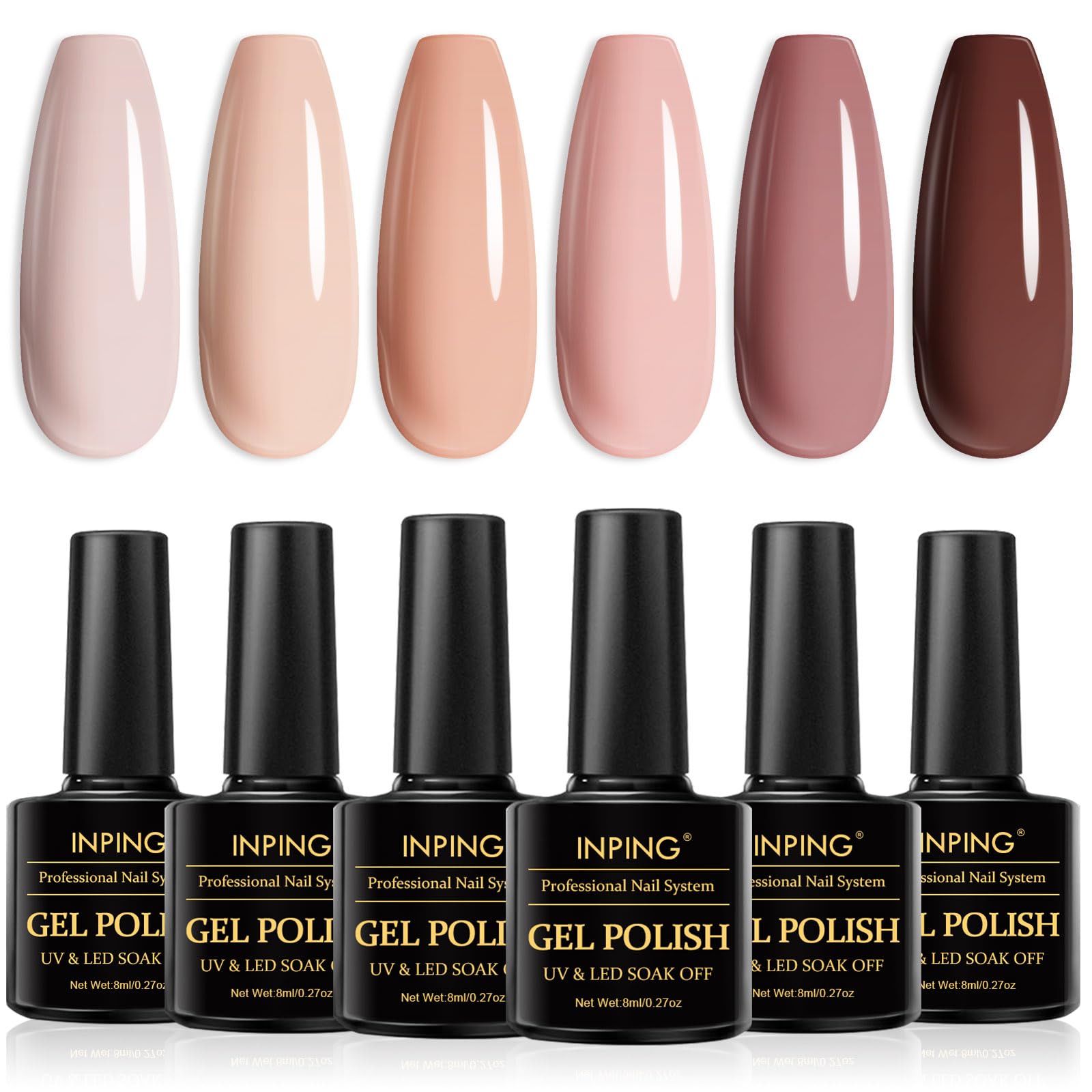 INPING Esmaltes Semipermanentes de Uñas en Gel UV LED, 6 Color Desnudo Calvo Pintauñas Gel, Natural Albaricoque Beige Marrón Oscuro Querido Pintauñas Semipermanente UV LED para Manicura Franceses