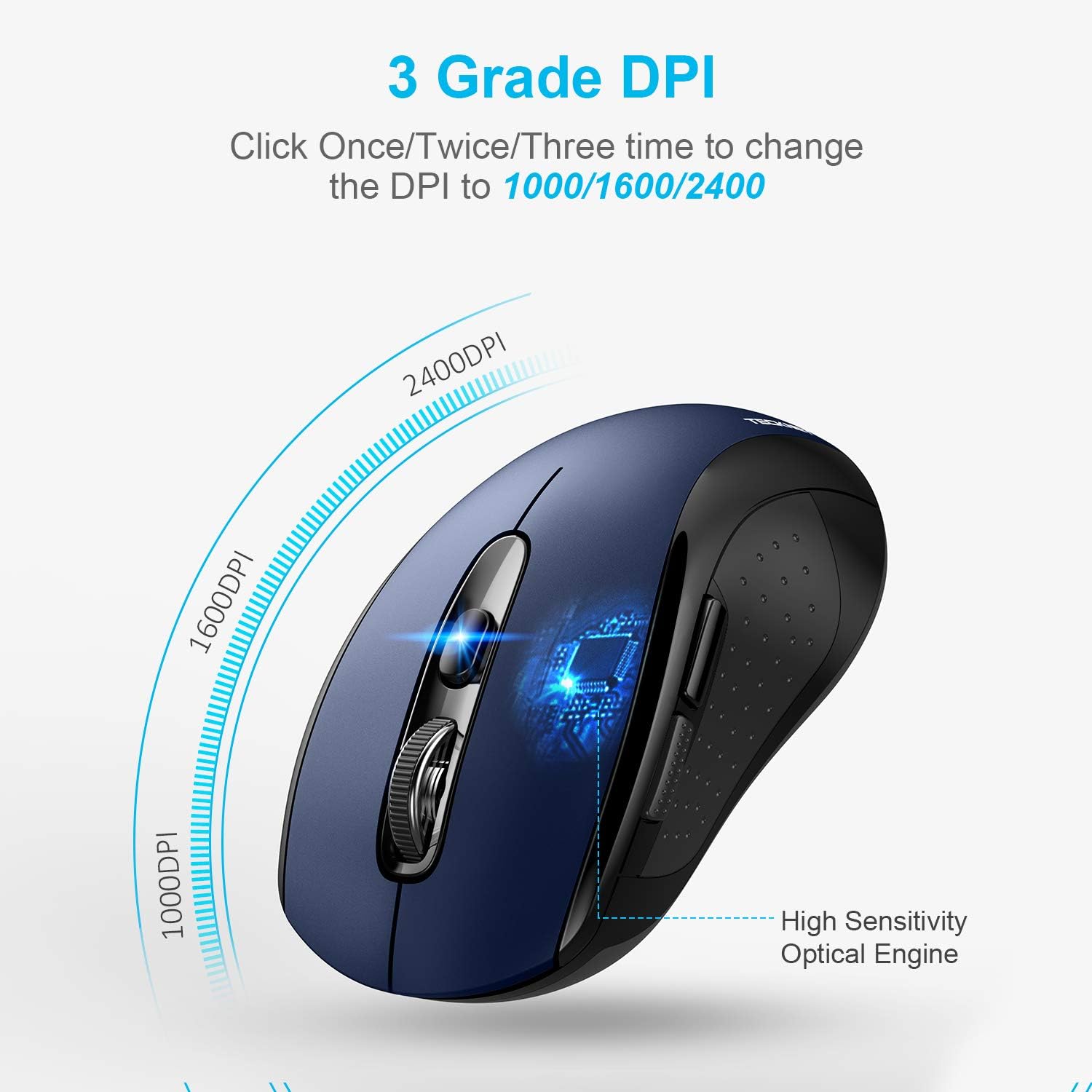 TECKNET Bluetooth Wireless Mouse, 3 Modes Bluetooth 5.0 & 3.0 Mouse 2.4G Wireless Portable Optical Mouse with USB Nano Receiver, 2400 DPI for Laptop, MacBook, PC, Windows, Android, OS System (Blue)