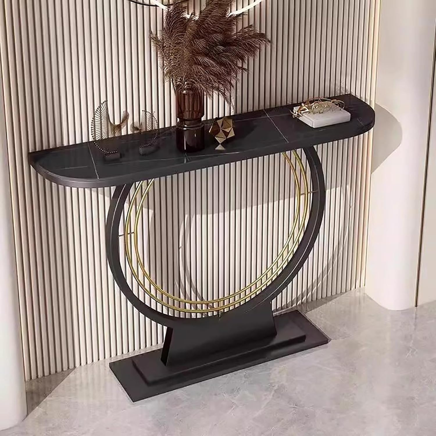 Console Sofa Table with Rock Panel, Contemporary Accent Table with Metal Frame for Hallway Foyer Entrance Entryway(White,100x30x80cm)