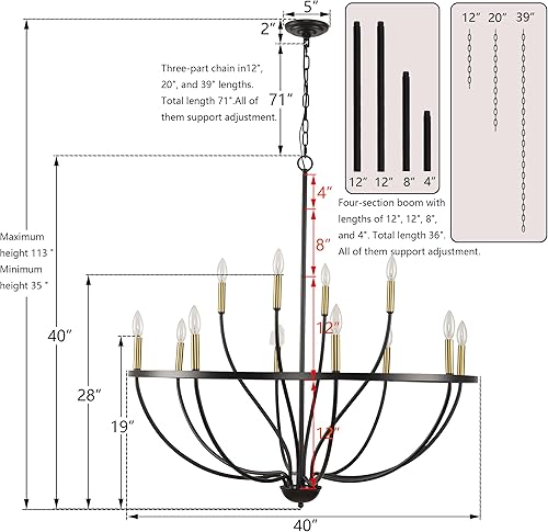 Miniatura 8 de Candelabro moderno de granja para comedor, 9 luces, lámpara de araña negra y dorada, lámpara colgante de altura ajustable para cocina, isla de