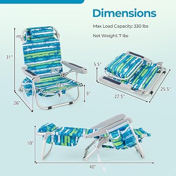Goplus Beach Chair, 2 Pack 330lbs Folding Backpack Beach Chairs for Adults with 5 Positions, Storage Pockets, Towel Bar & Headrest, Foldable Low Beach Lounge, Portable Aluminum Lay Flat Camping Chair