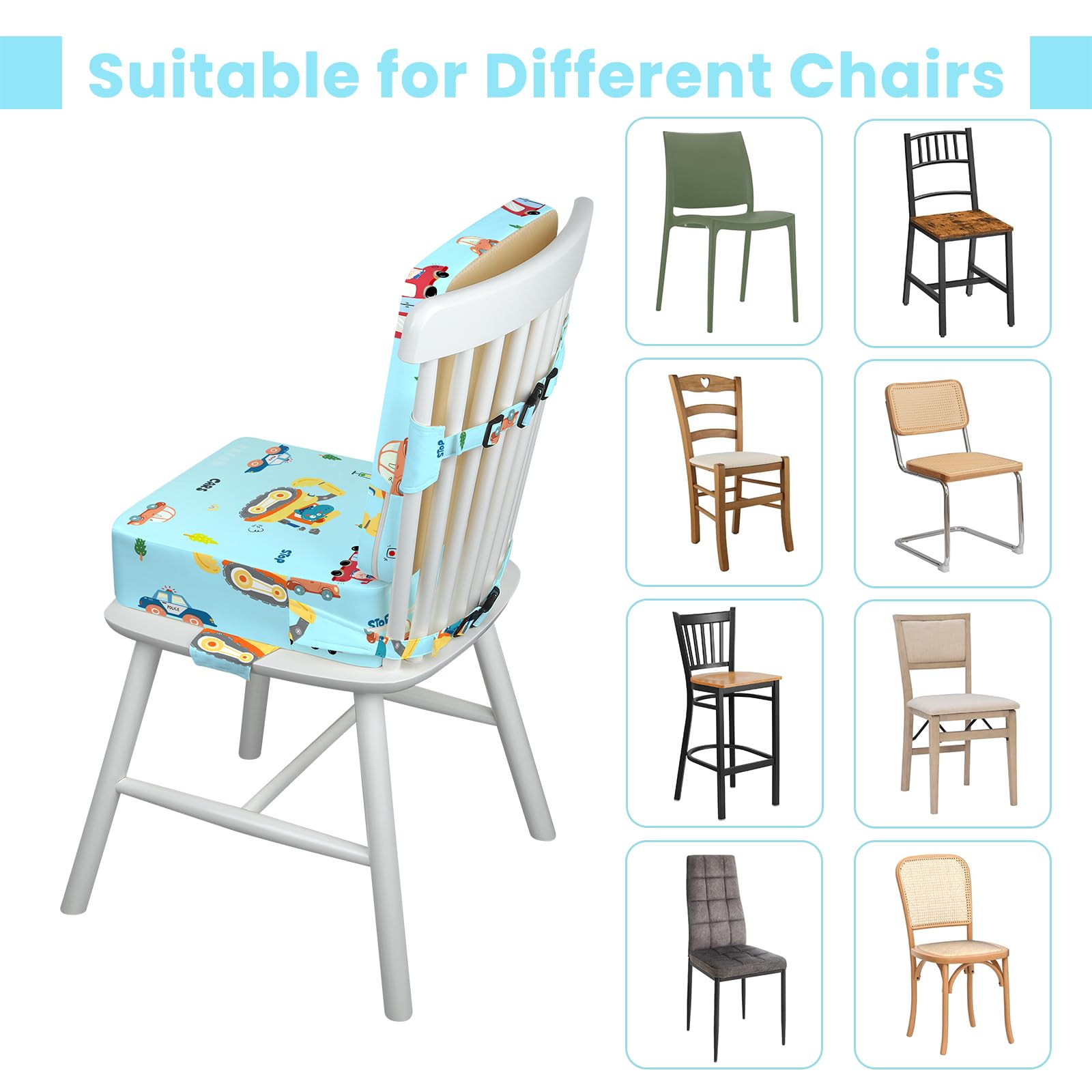 Rehausseur Chaise Enfant avec Dossier et Sangles de Sécurité Réglables en 3 points, Portable Lavable Antidérapant Coussin Rehausseur De Chaise Bebe Enfant - Excavatrice