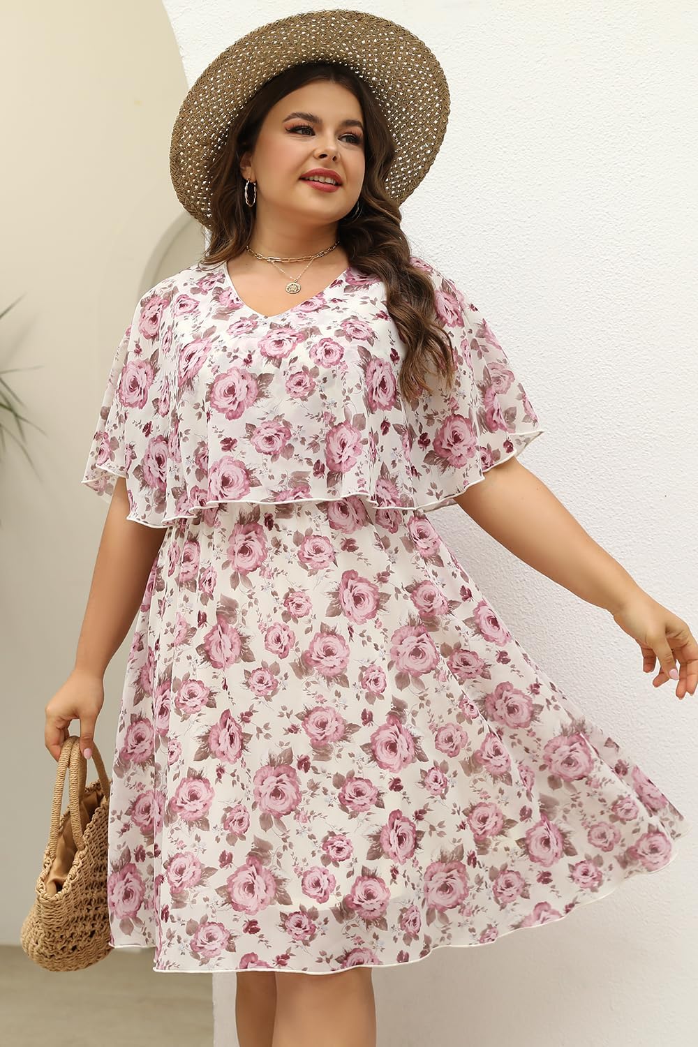 Keluummi Plus Size Summer Wedding Guest Dress for Curvy Women, Casual Boho Floral Empire Waist Midi Flowy Dress with Sleeve - Image 7